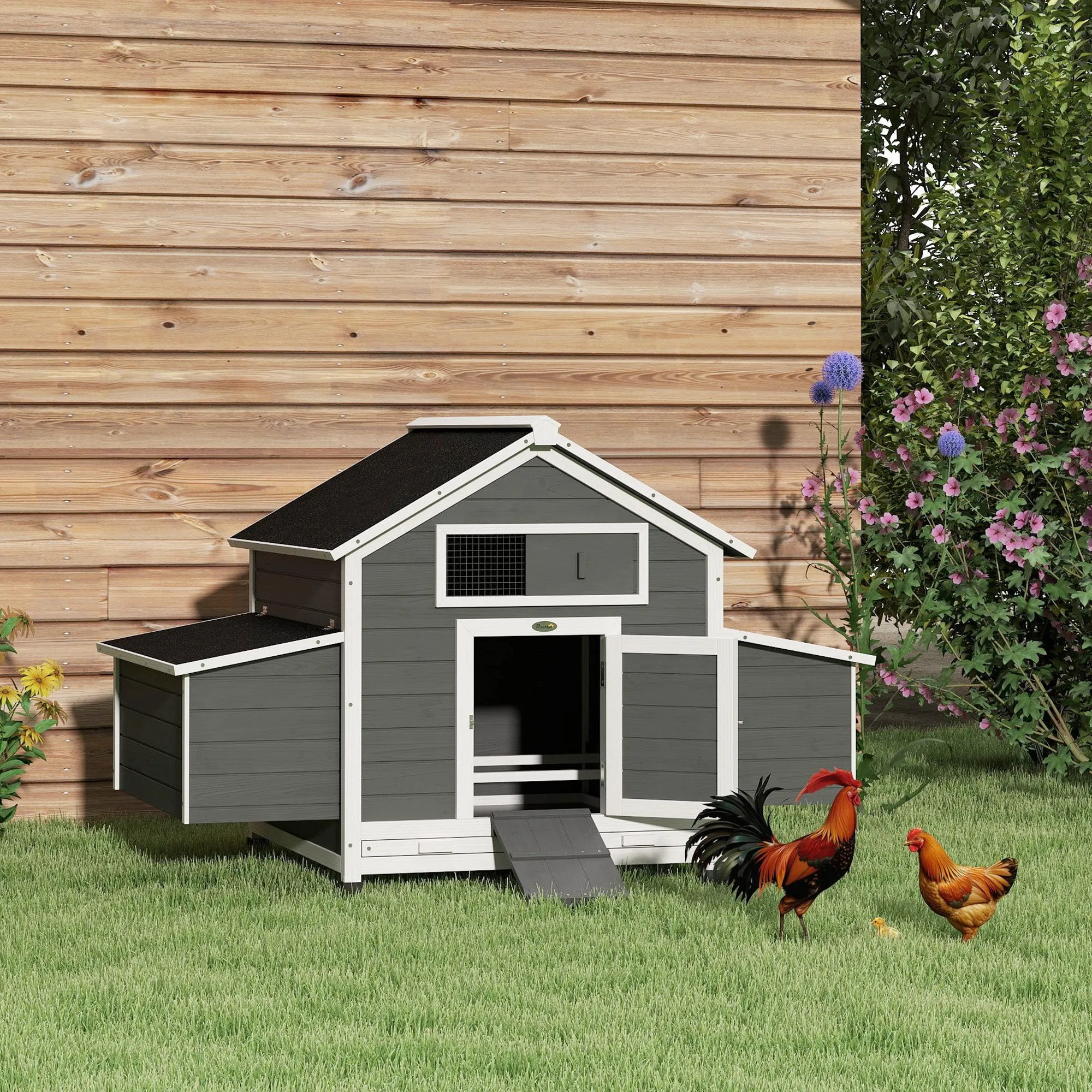 PawHut Outdoor Wooden Chicken Coop with 2 Brooding Nests, Removable Tray and Asphalt Roof, Grey - Image 2