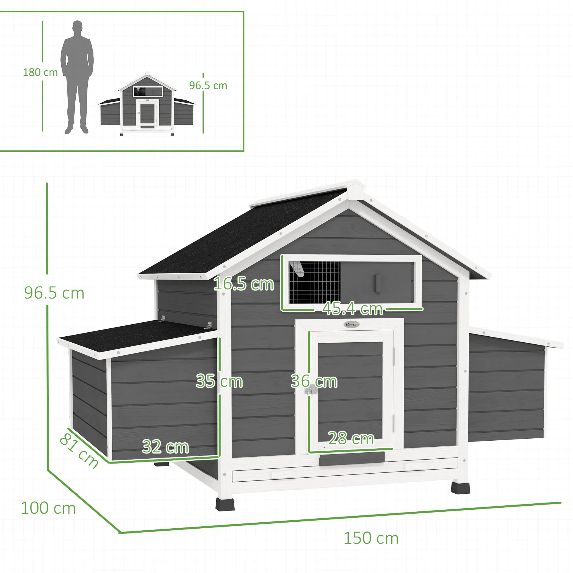 PawHut Outdoor Wooden Chicken Coop with 2 Brooding Nests, Removable Tray and Asphalt Roof, Grey - Image 3