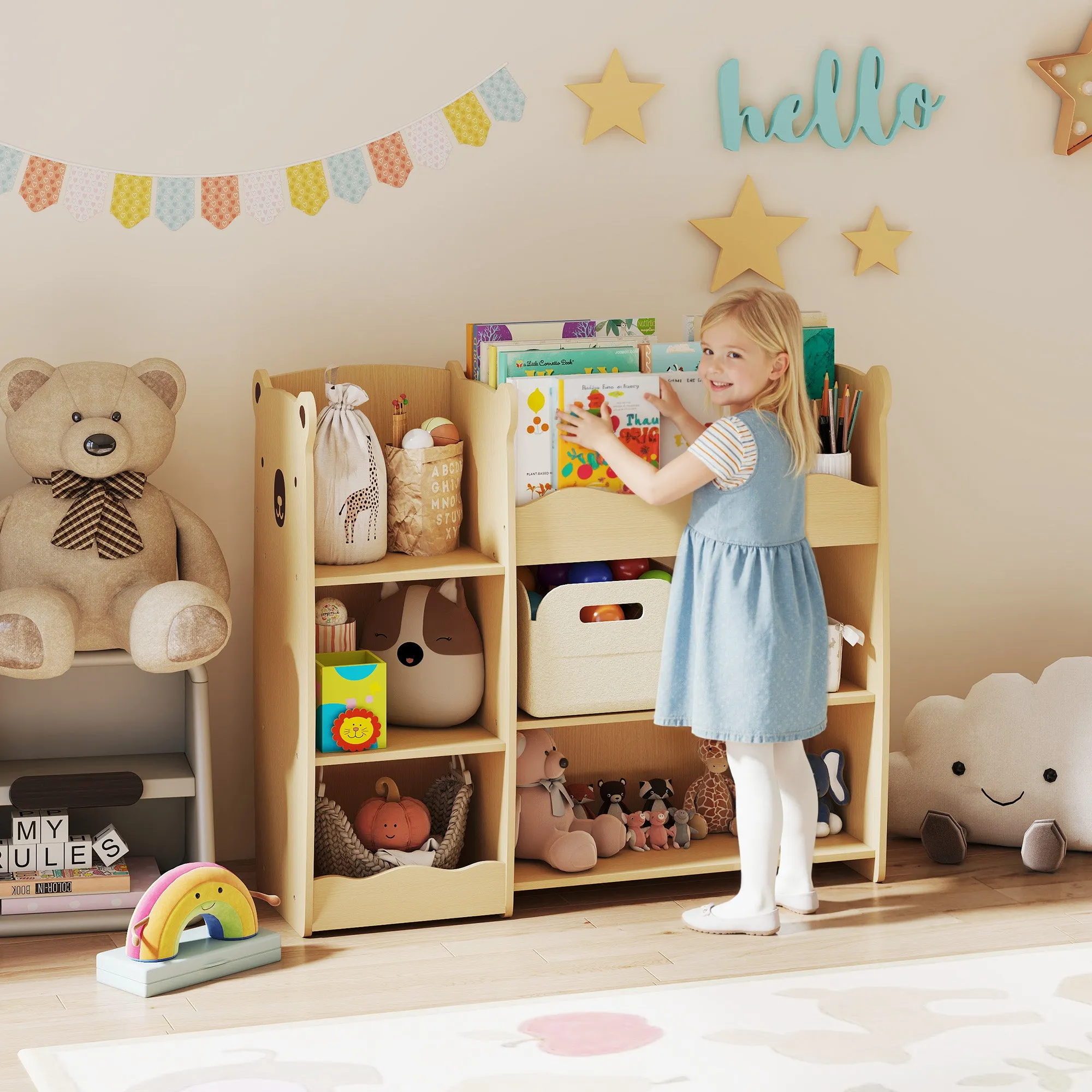 Toy Storage Shelf for Children Ages 3-8 with Open Shelves and Compartments, Wooden, 92x29x79 cm, Wood Color - Image 2