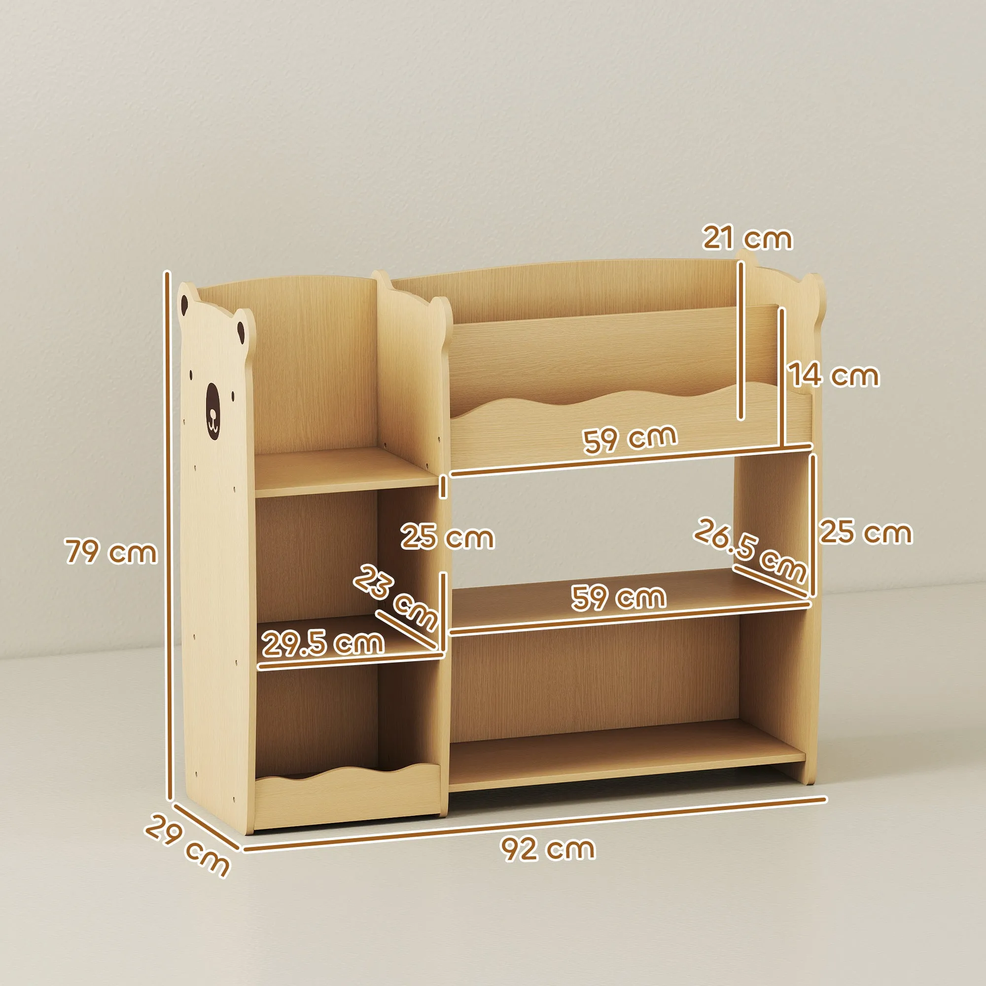 Toy Storage Shelf for Children Ages 3-8 with Open Shelves and Compartments, Wooden, 92x29x79 cm, Wood Color - Image 3