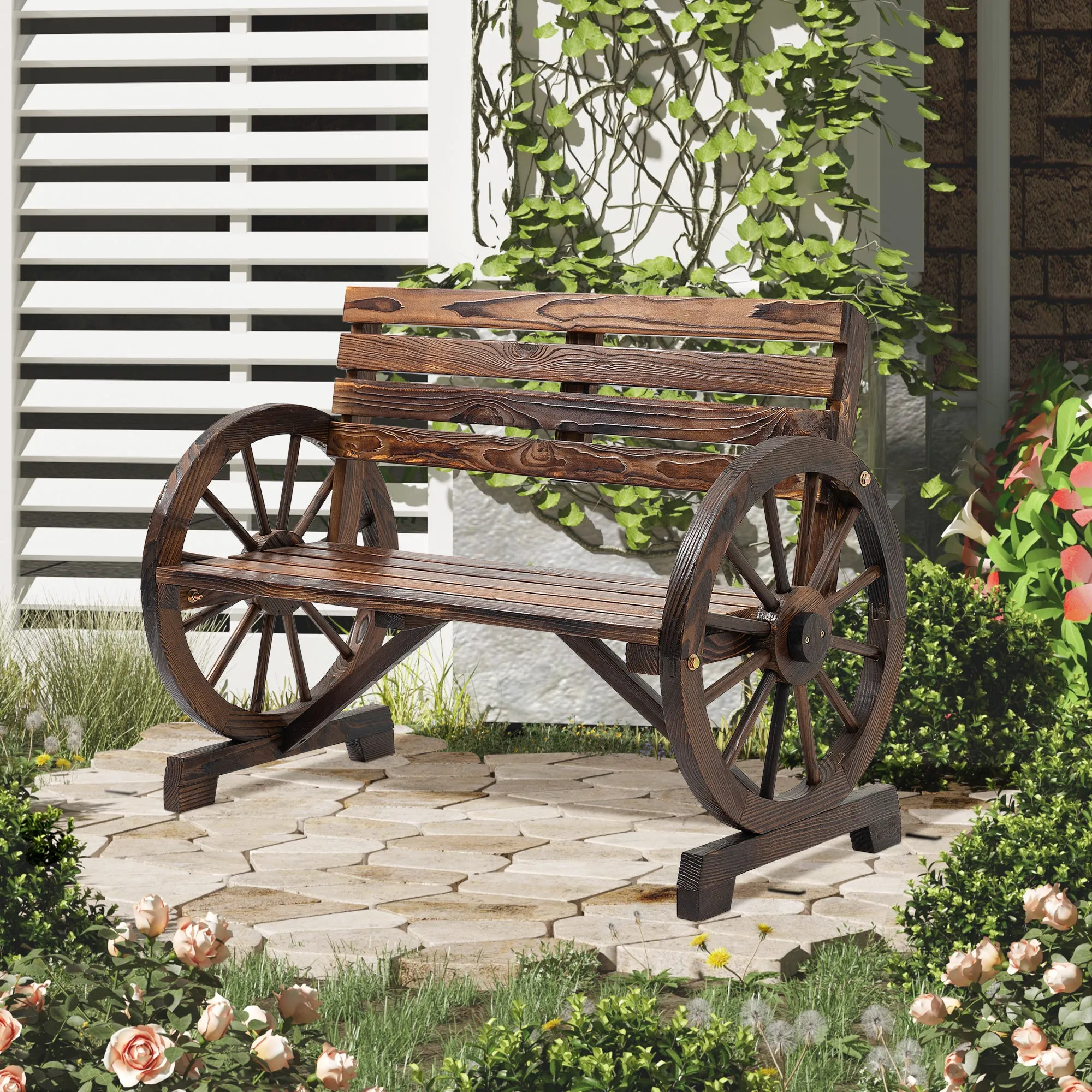 Outsunny 2-Seater Garden Bench with Slatted Frame and Wagon Wheel Armrests, Wooden, 105.5x56x79 cm, Burnt Brown - Image 2