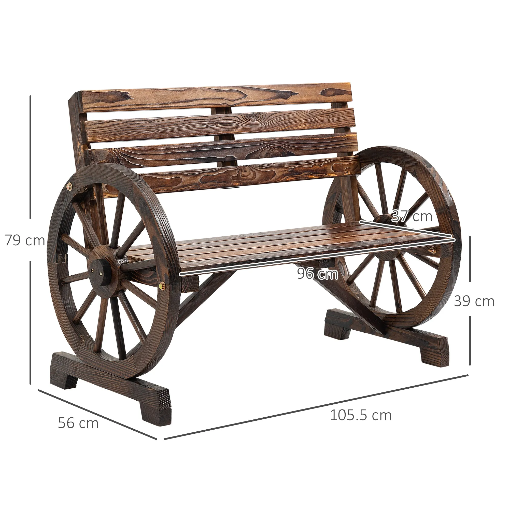 Outsunny 2-Seater Garden Bench with Slatted Frame and Wagon Wheel Armrests, Wooden, 105.5x56x79 cm, Burnt Brown - Image 3