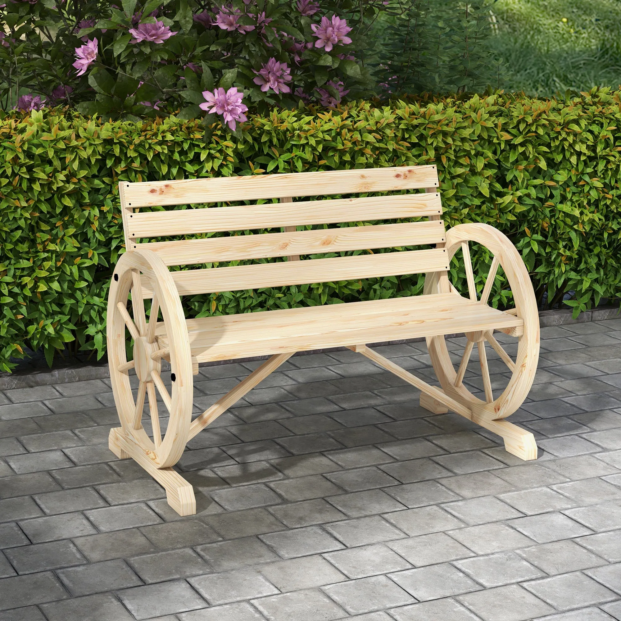Outsunny 2-Seater Garden Bench with Slatted Frame and Wagon Wheel Armrests, Wooden, 105.5x56x79 cm, Wood Color - Image 2