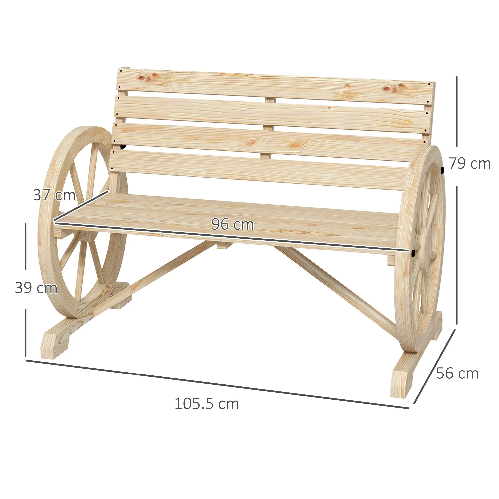Outsunny 2-Seater Garden Bench with Slatted Frame and Wagon Wheel Armrests, Wooden, 105.5x56x79 cm, Wood Color - Image 3