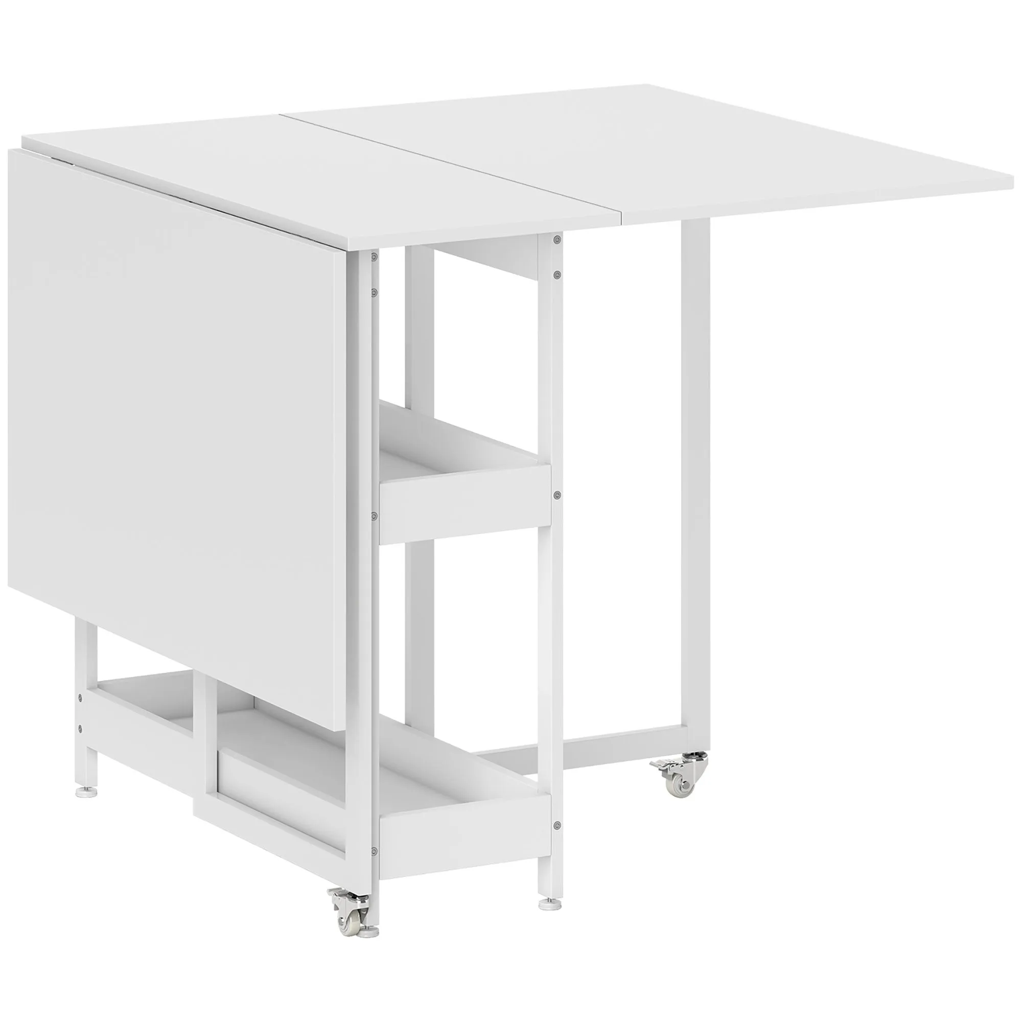 HOMCOM Folding Table with 2 Drop-Leaf Tops for 4 People with 2 Open Shelves, Wood and Metal, 133.4 x 80 x 75 cm, White