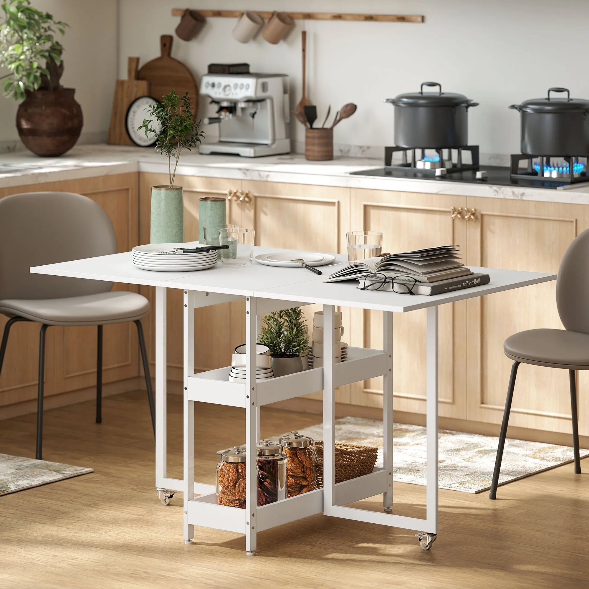 HOMCOM Folding Table with 2 Drop-Leaf Tops for 4 People with 2 Open Shelves, Wood and Metal, 133.4 x 80 x 75 cm, White - Image 2
