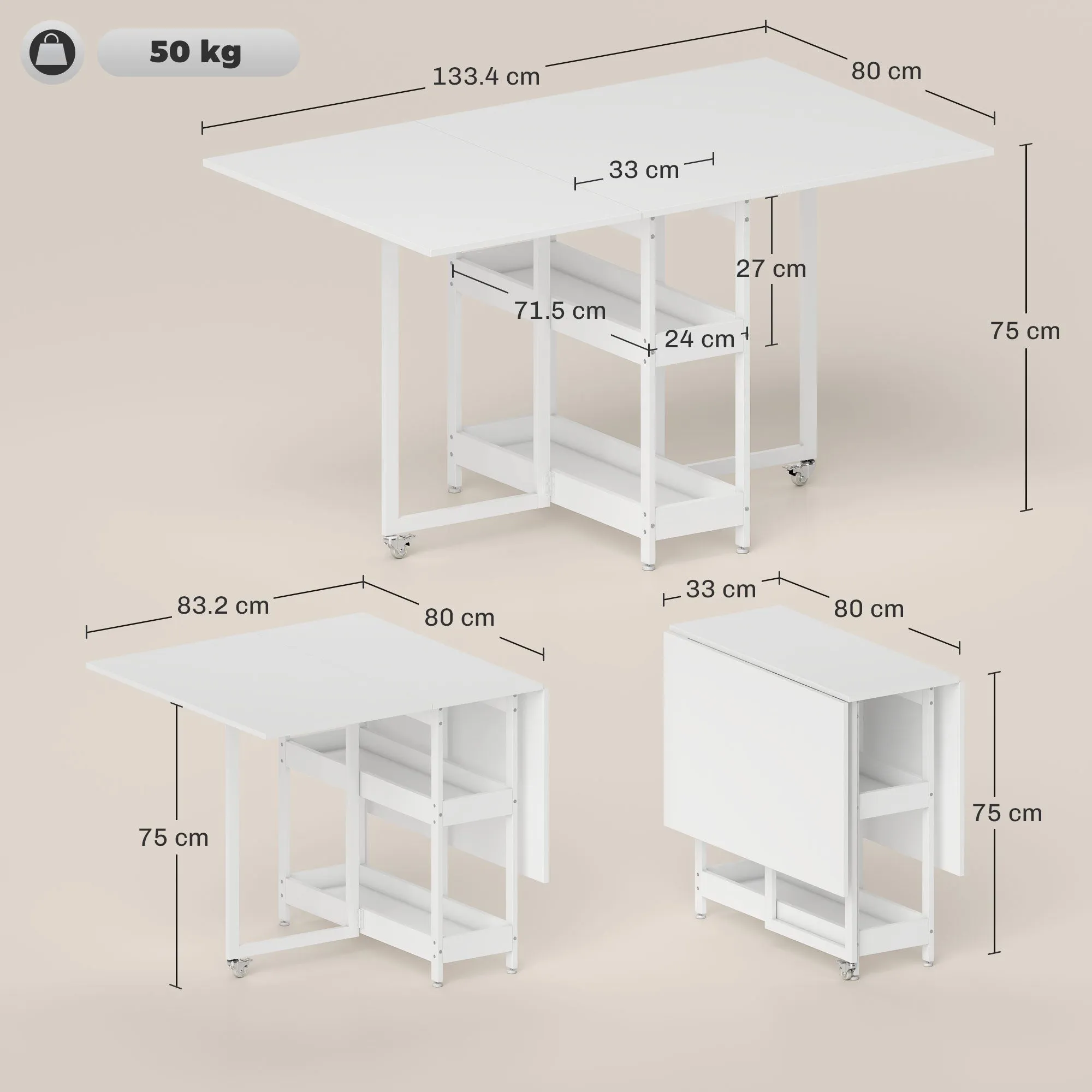 HOMCOM Folding Table with 2 Drop-Leaf Tops for 4 People with 2 Open Shelves, Wood and Metal, 133.4 x 80 x 75 cm, White - Image 3