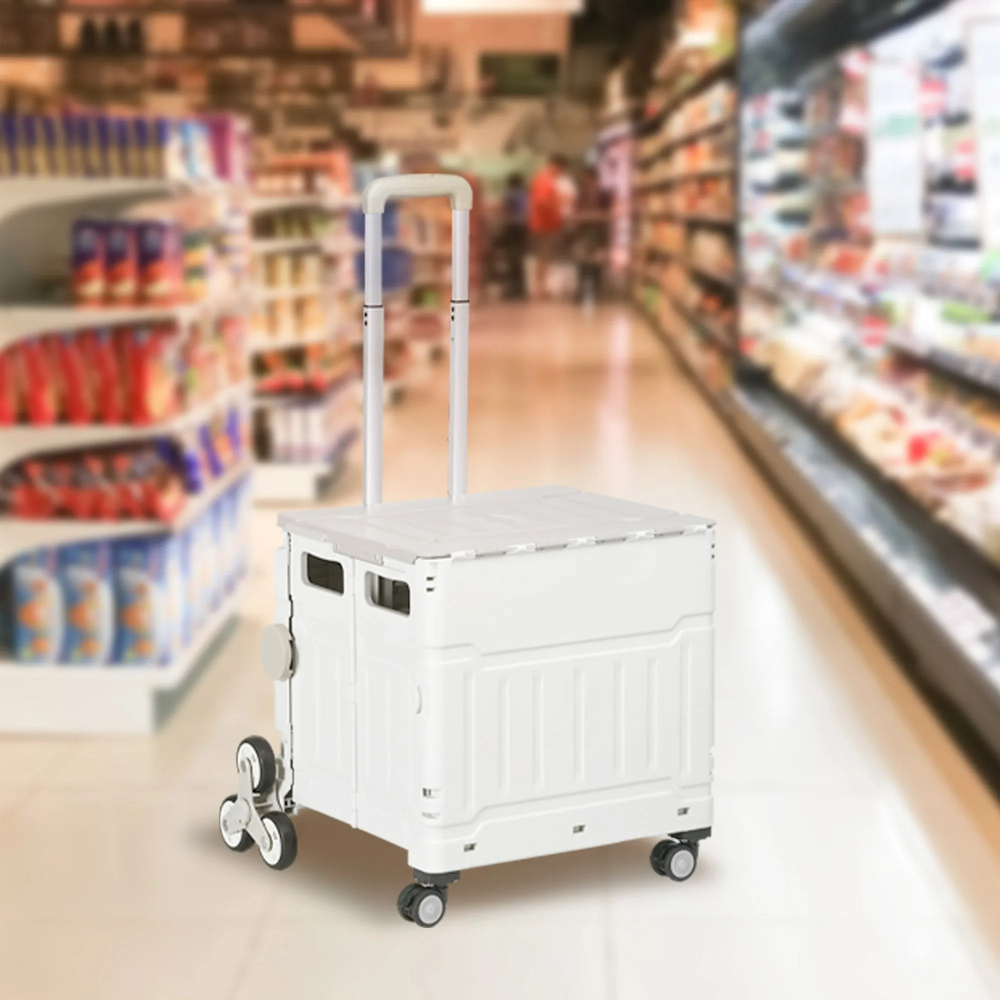 HOMCOM Folding Shopping Cart, Aluminum Trolley, Stair-Climbing Wheels, White - Image 2