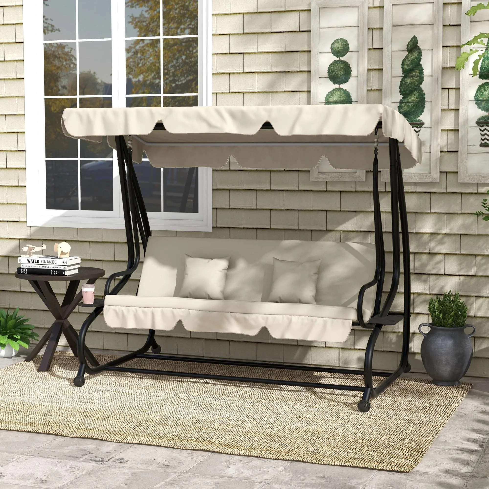 Outsunny Garden Swing Bed with Adjustable Canopy and Trays, Steel and Teslin, 200x120x164 cm, Cream - Image 2