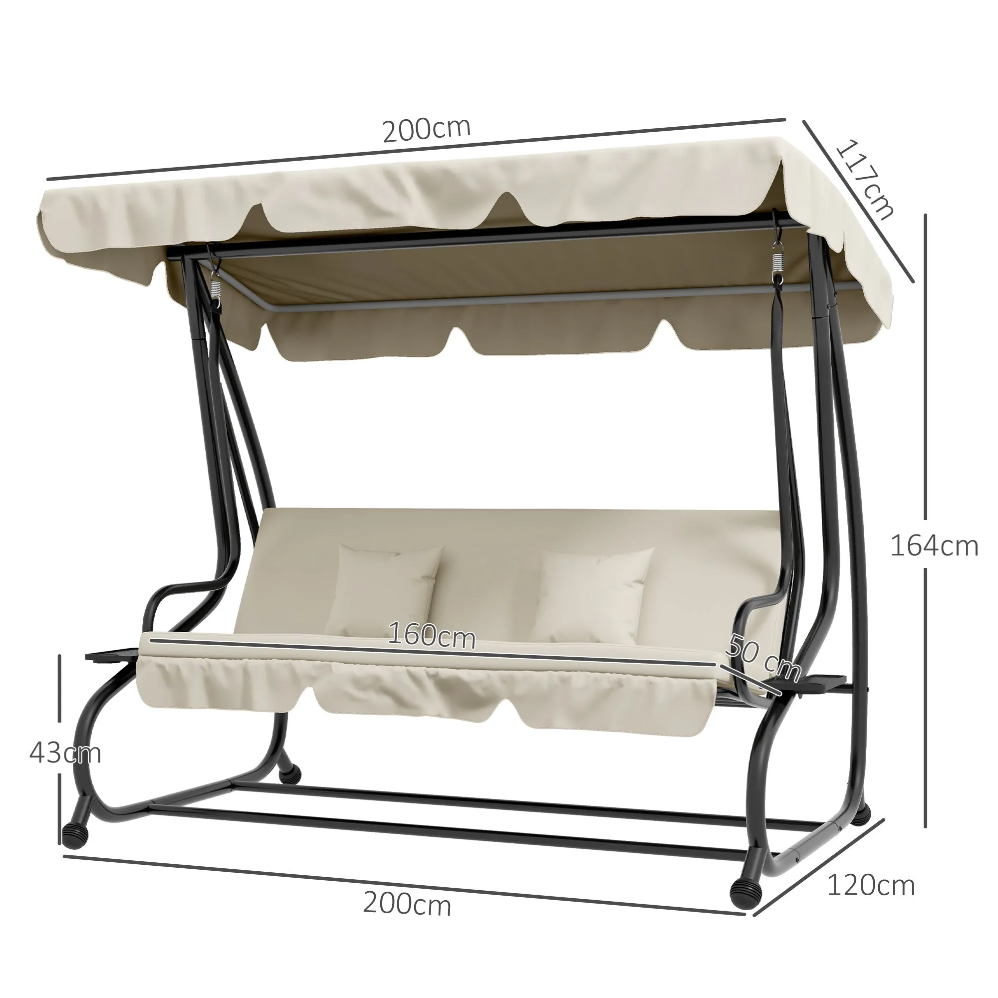 Outsunny Garden Swing Bed with Adjustable Canopy and Trays, Steel and Teslin, 200x120x164 cm, Cream - Image 3