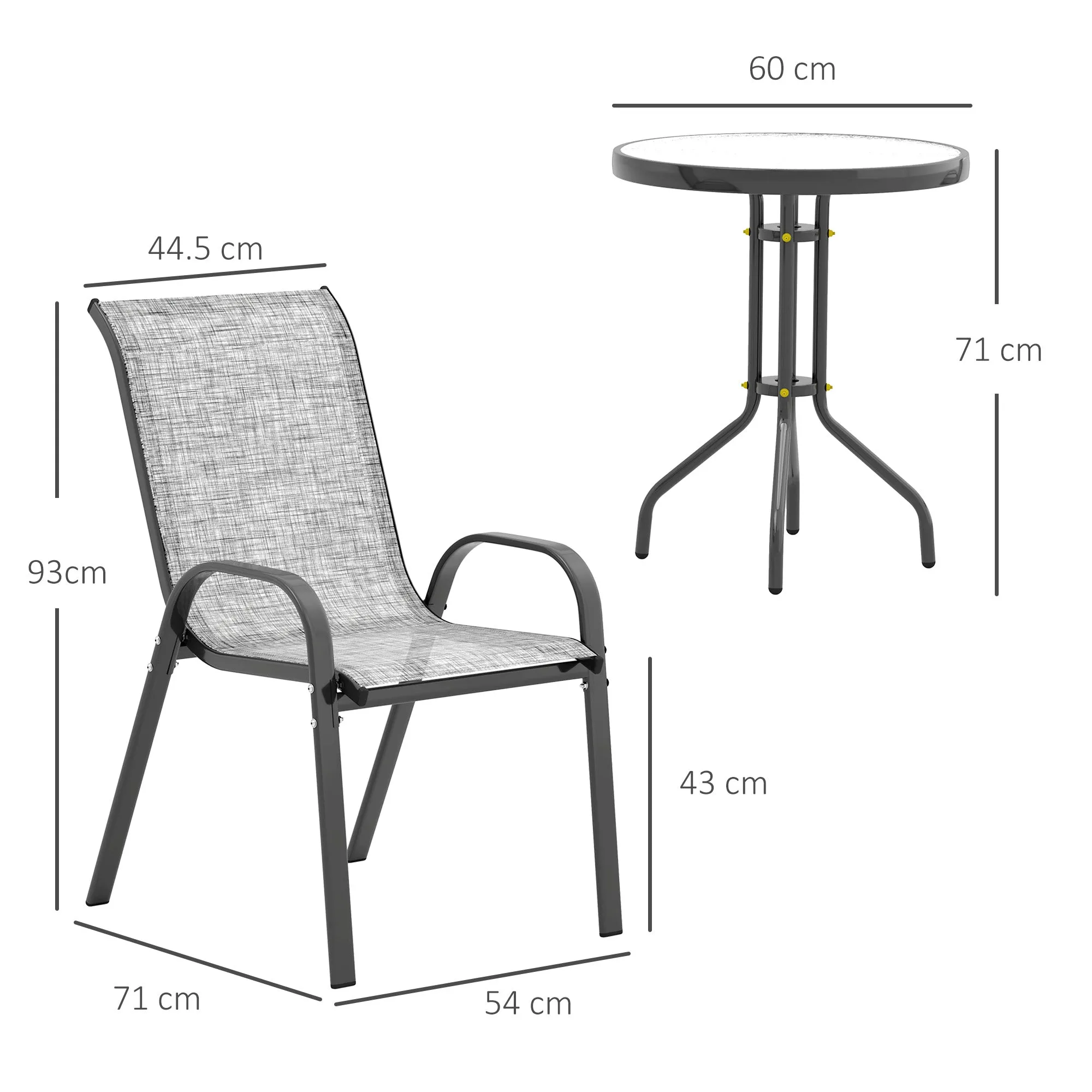Outsunny 3-Piece Garden Set with 2 Garden Chairs 54x71x93 cm and Round Table Ø60x71 cm in Grey Steel - Image 3