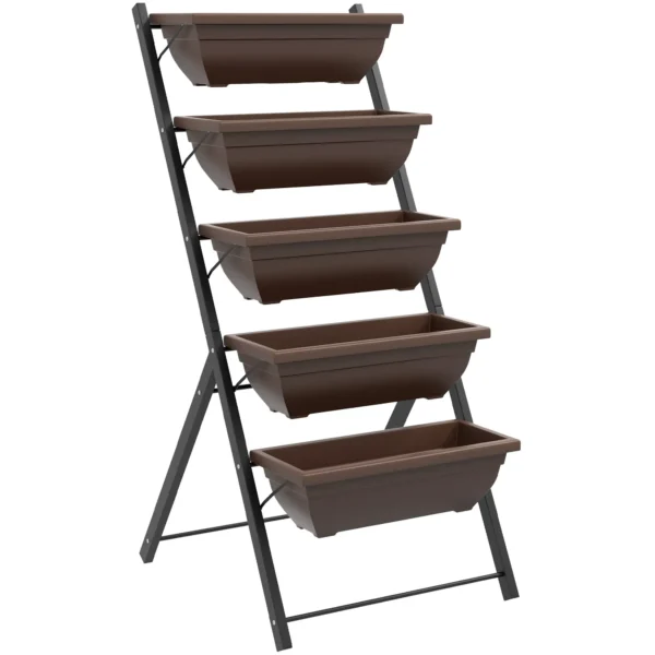 Outsunny 5-Tier Vertical Plant Stand with 5 Pots with Drainage Holes, Steel and PE, 55x63x120 cm, Brown