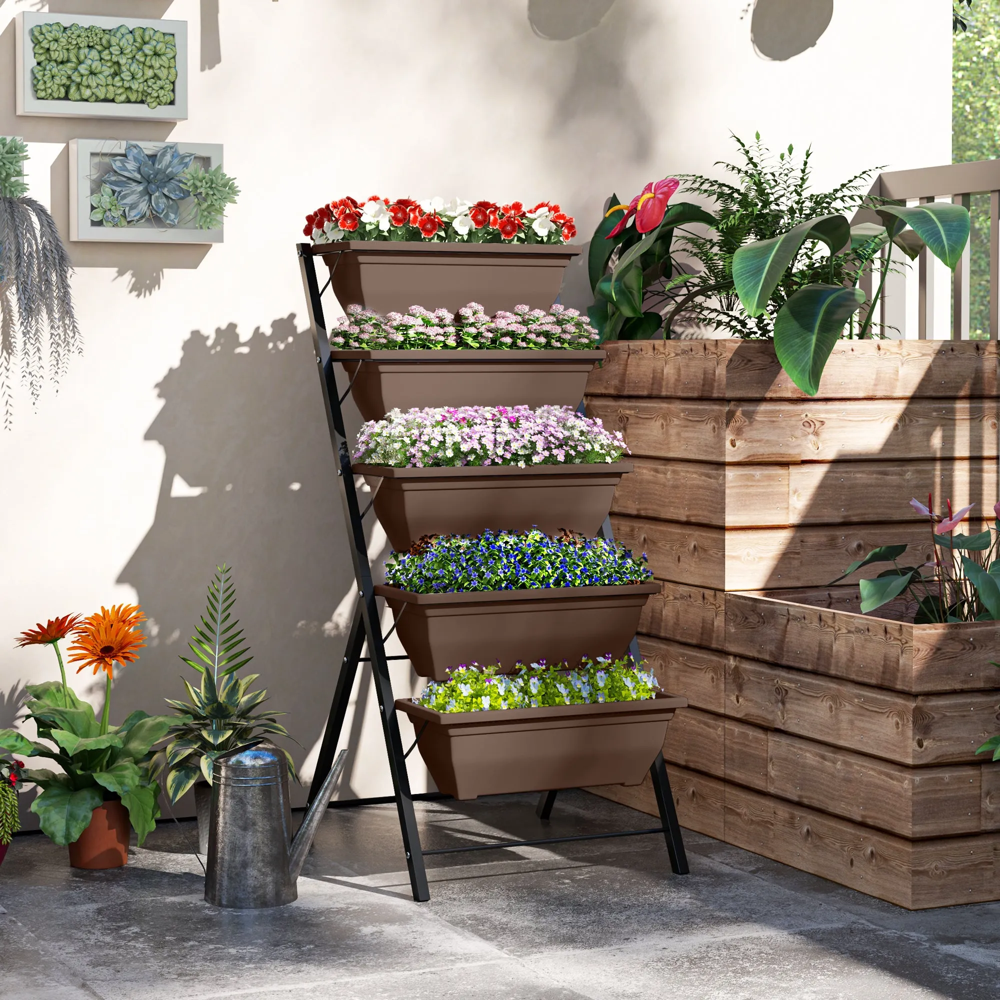 Outsunny 5-Tier Vertical Plant Stand with 5 Pots with Drainage Holes, Steel and PE, 55x63x120 cm, Brown - Image 2