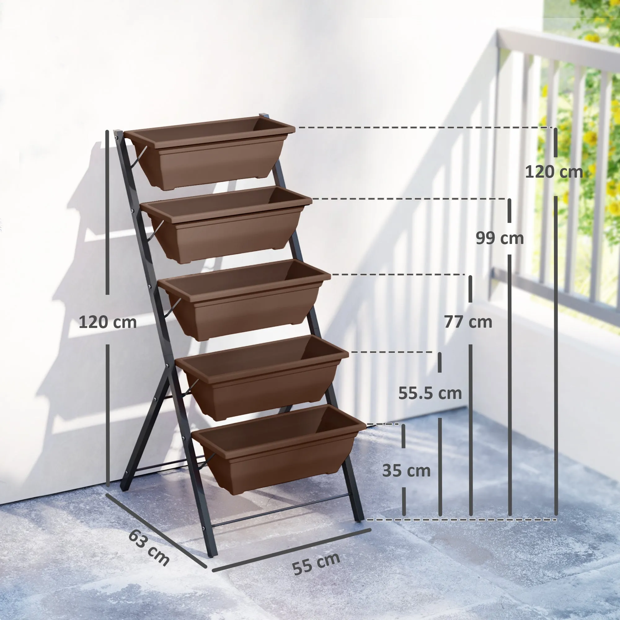 Outsunny 5-Tier Vertical Plant Stand with 5 Pots with Drainage Holes, Steel and PE, 55x63x120 cm, Brown - Image 3