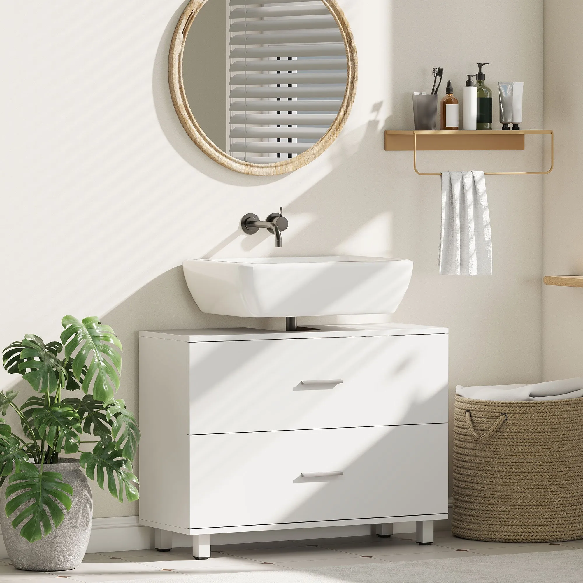 Modern Under Sink Cabinet with 2 Drawers and Dividers for Pedestal-Free Sink, 80x30x60 cm, White - Image 2