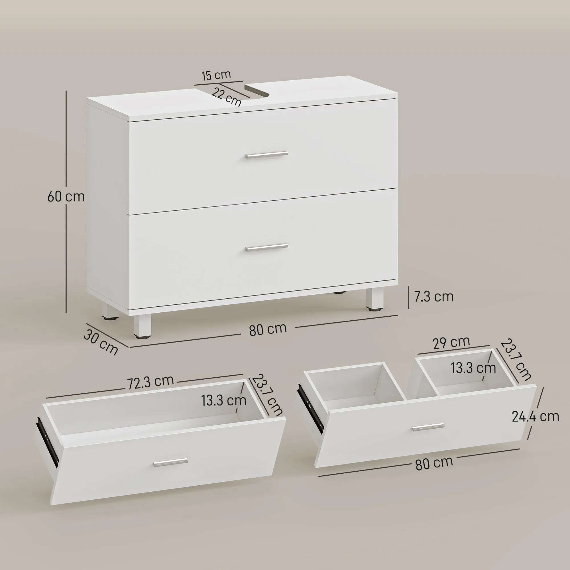 Modern Under Sink Cabinet with 2 Drawers and Dividers for Pedestal-Free Sink, 80x30x60 cm, White - Image 3