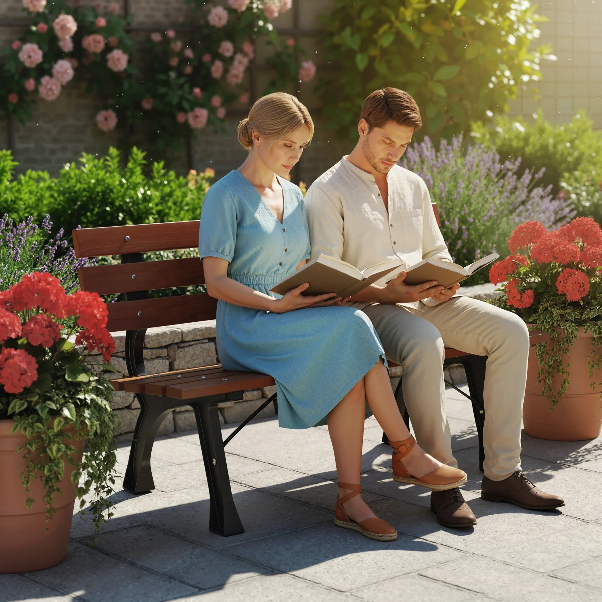 Outsunny 2-Seater Garden Bench with Cast Iron and Fir Wood Slats, 120x57x70 cm, Coffee - Image 2