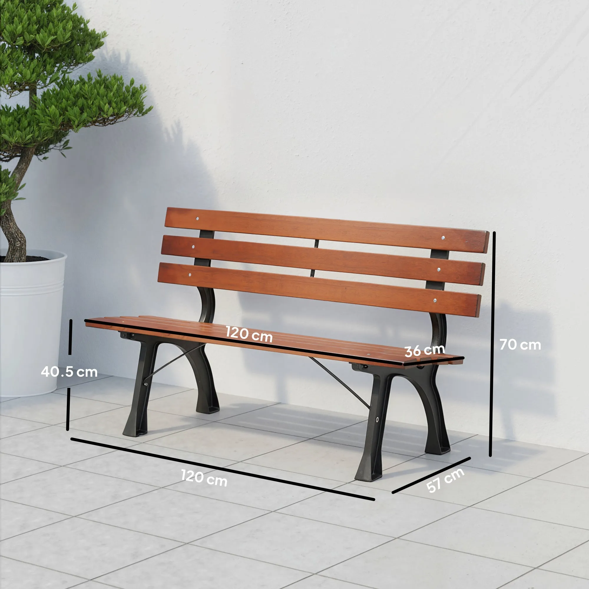 Outsunny 2-Seater Garden Bench with Cast Iron and Fir Wood Slats, 120x57x70 cm, Coffee - Image 3