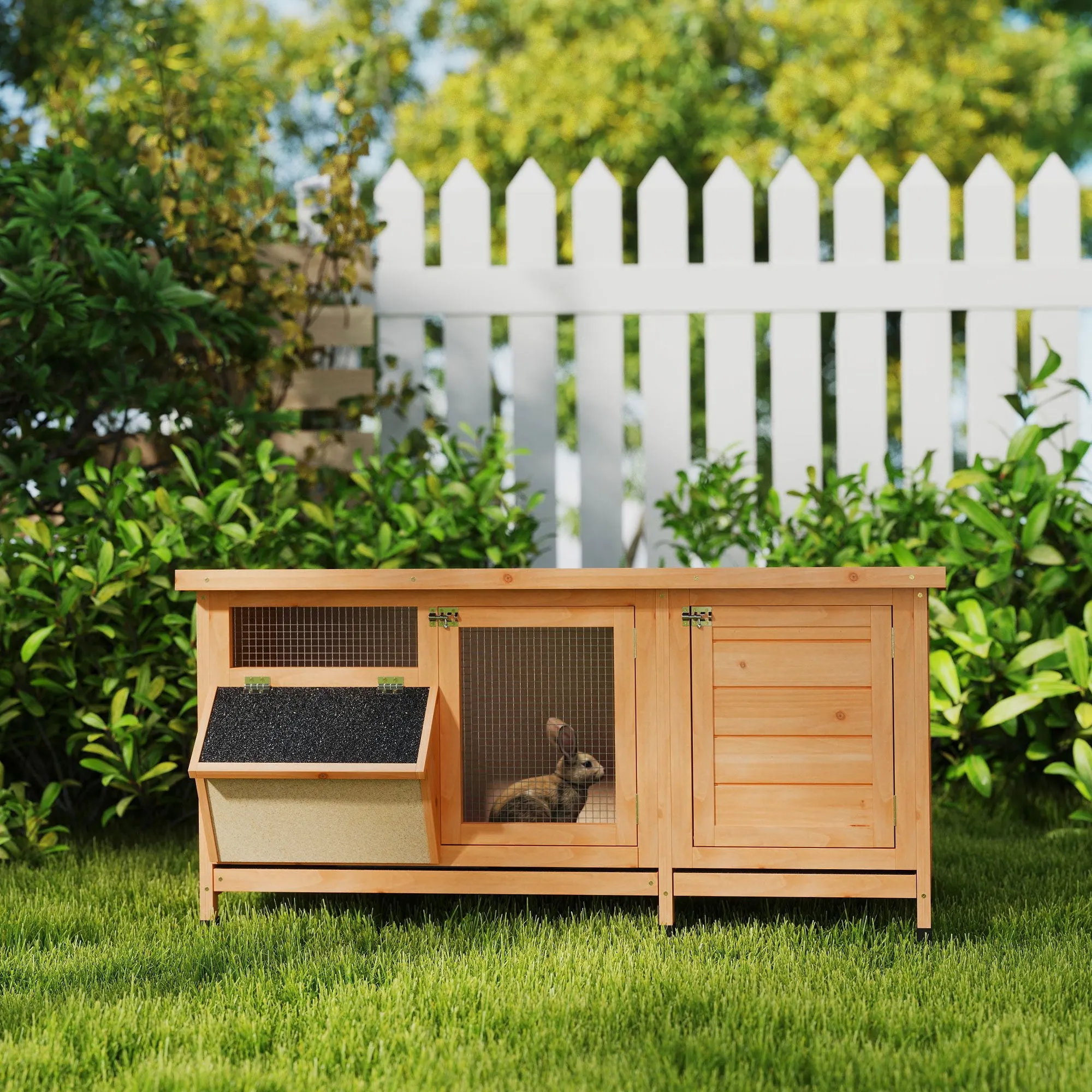PawHut Outdoor Wooden Rabbit Hutch with Asphalt Roof, House, Trays and Feeder, 112x50x54 cm, Yellow - Image 2