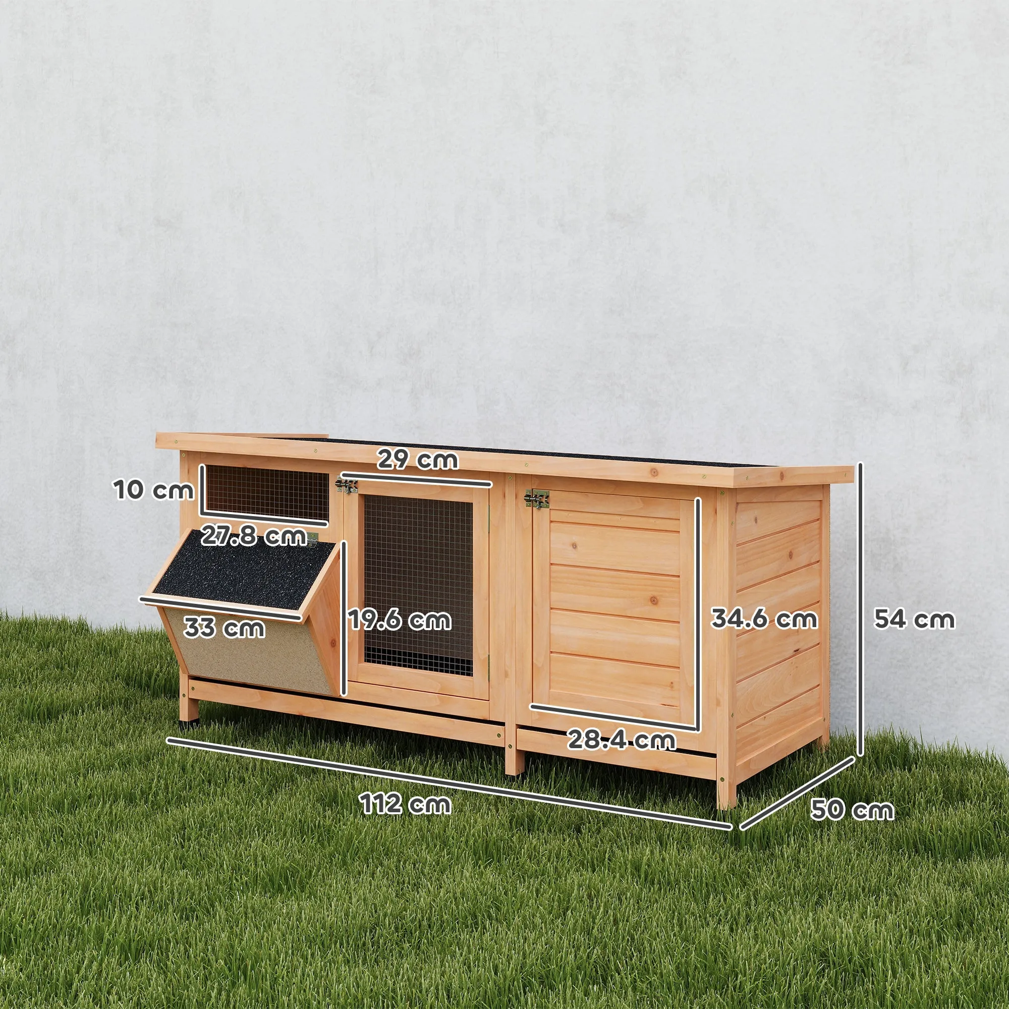 PawHut Outdoor Wooden Rabbit Hutch with Asphalt Roof, House, Trays and Feeder, 112x50x54 cm, Yellow - Image 3