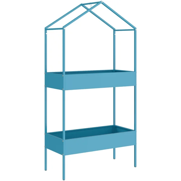 Outsunny 2-Tier Metal House Plant Stand with Hook, 75x35x150cm, Blue and Green