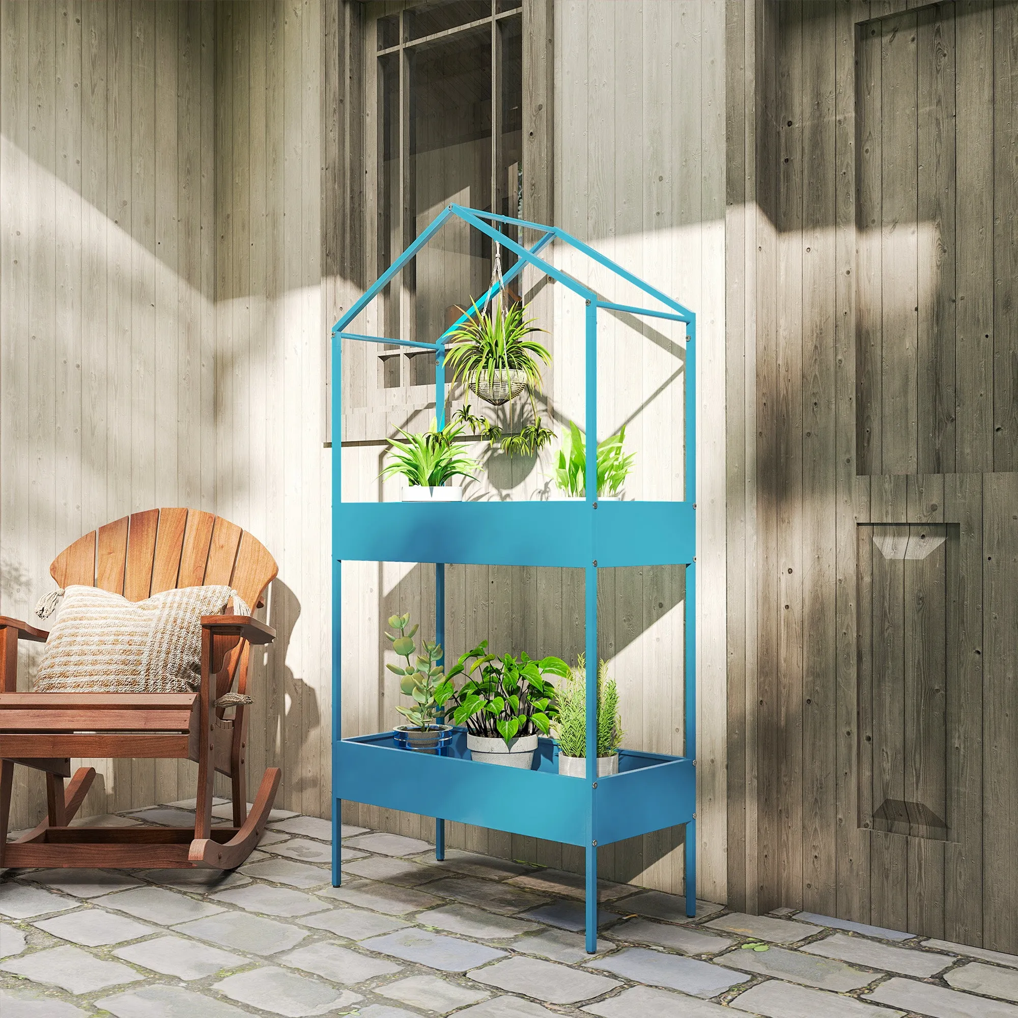 Outsunny 2-Tier Metal House Plant Stand with Hook, 75x35x150cm, Blue and Green - Image 2