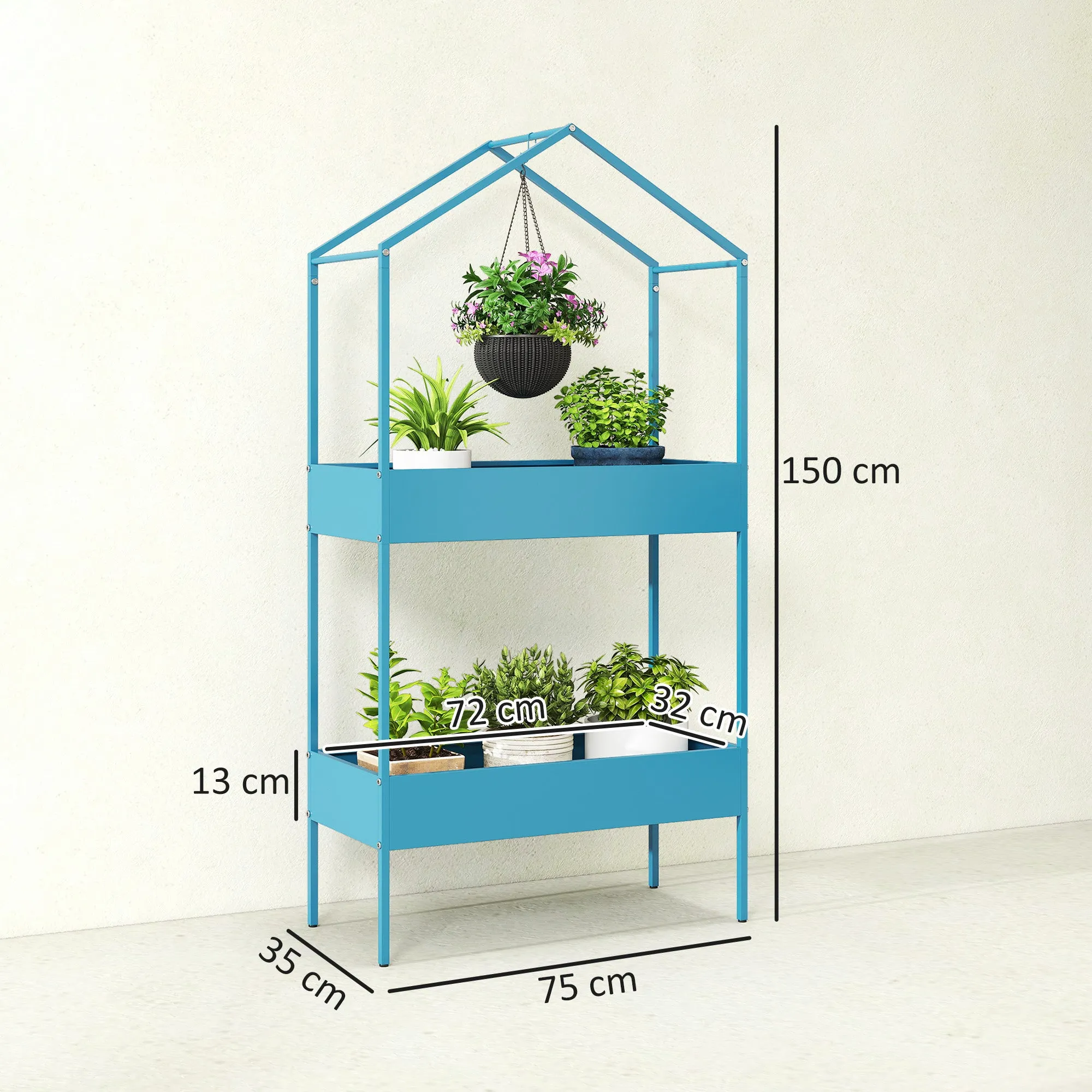 Outsunny 2-Tier Metal House Plant Stand with Hook, 75x35x150cm, Blue and Green - Image 3