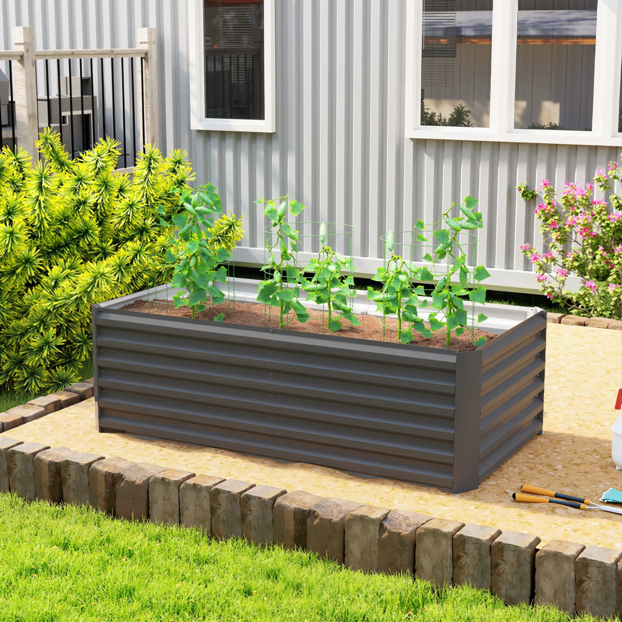 Outsunny Raised Garden Bed with Open Bottom and Rounded Edges, 180x90x57.5 cm, Dark Grey - Image 2