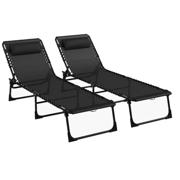 Outsunny Set of 2 Steel Sun Loungers with Reclining Backrest, 189x58x30 cm, Black
