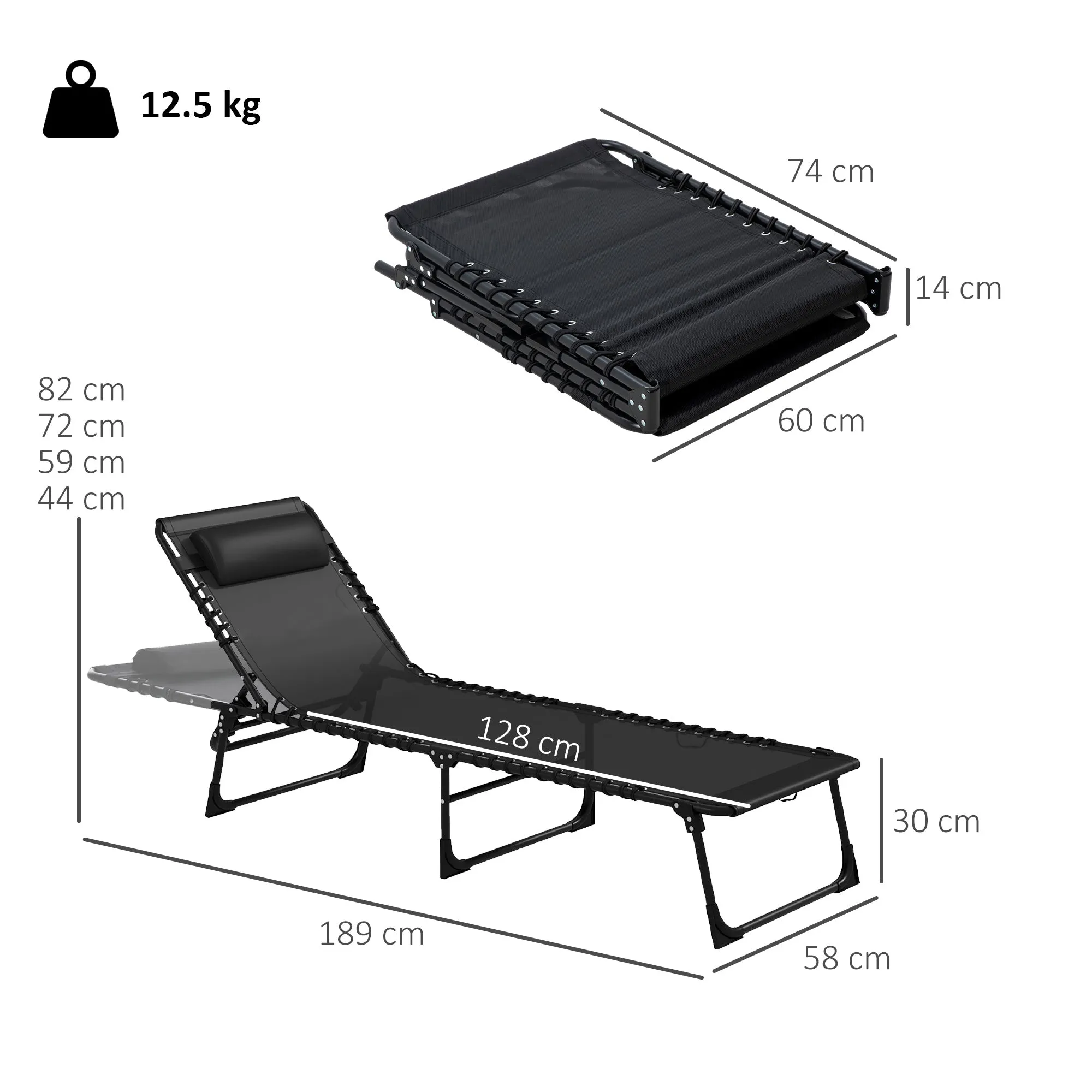 Outsunny Set of 2 Steel Sun Loungers with Reclining Backrest, 189x58x30 cm, Black - Image 3