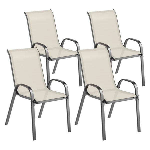 Outsunny Set of 4 Stackable Garden Chairs with Curved Armrests, Steel and Breathable Fabric, 54x71x93 cm, Beige
