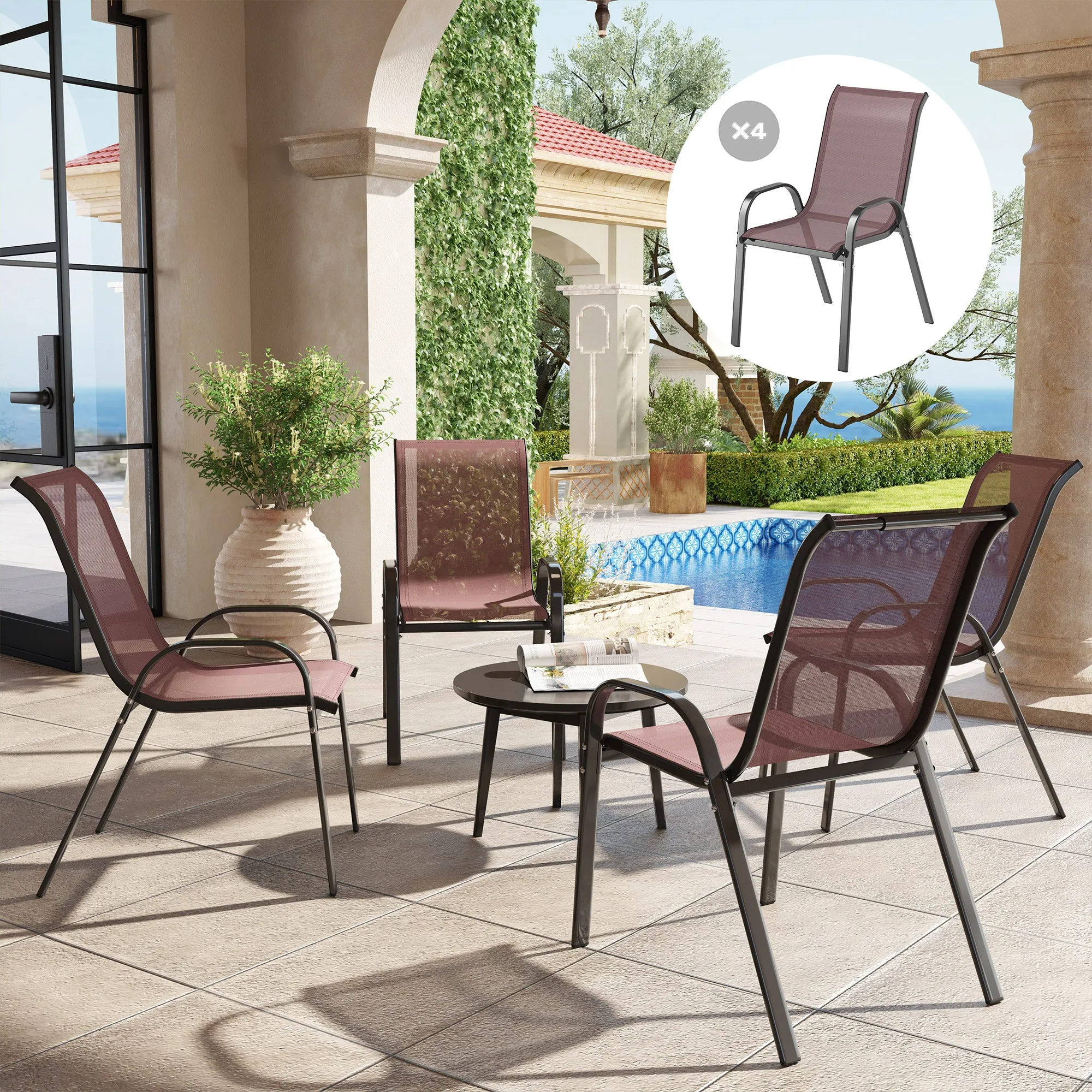 Outsunny Set of 4 Stackable Garden Chairs with Curved Armrests, Steel and Breathable Fabric, 54x71x93 cm, Brown - Image 2