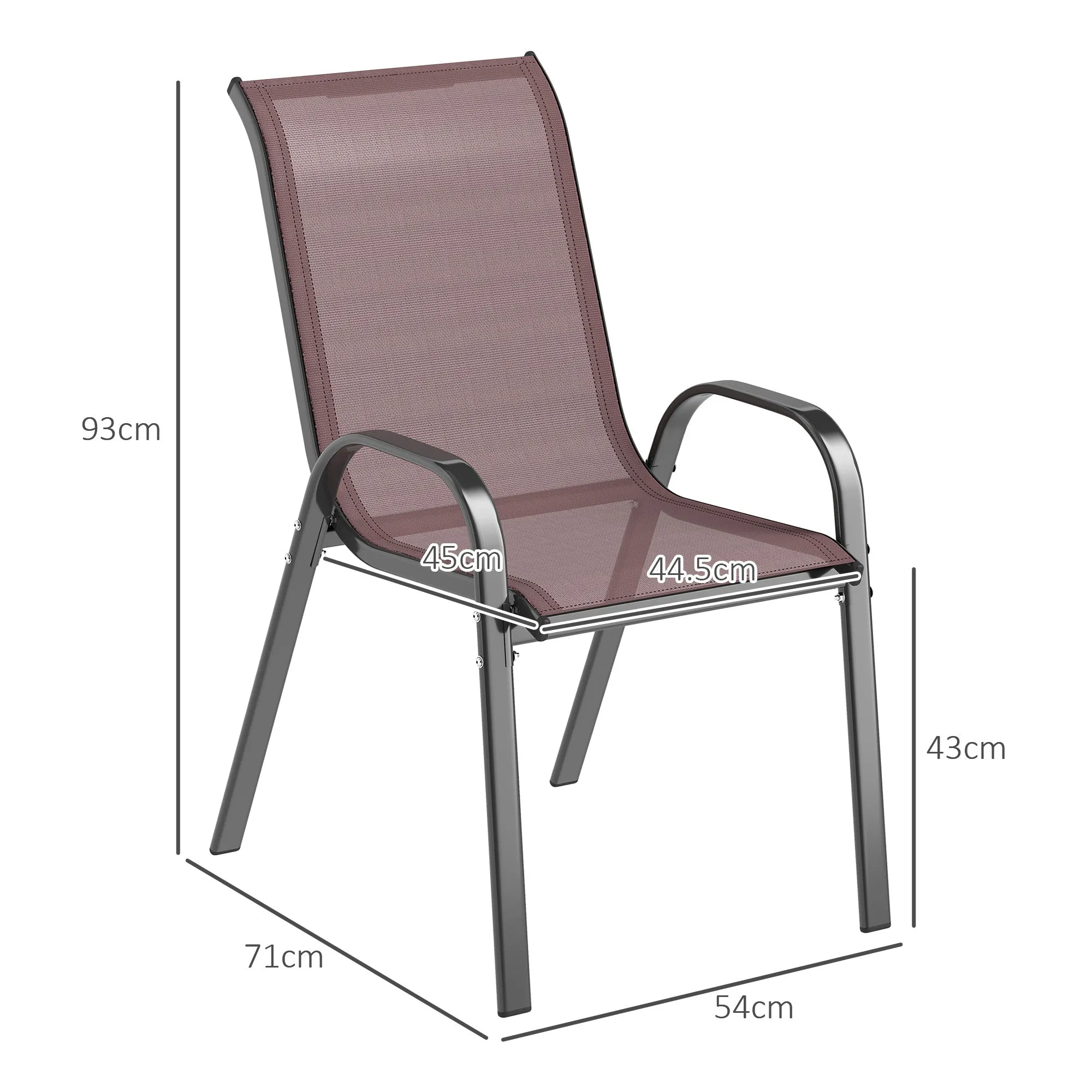 Outsunny Set of 4 Stackable Garden Chairs with Curved Armrests, Steel and Breathable Fabric, 54x71x93 cm, Brown - Image 3