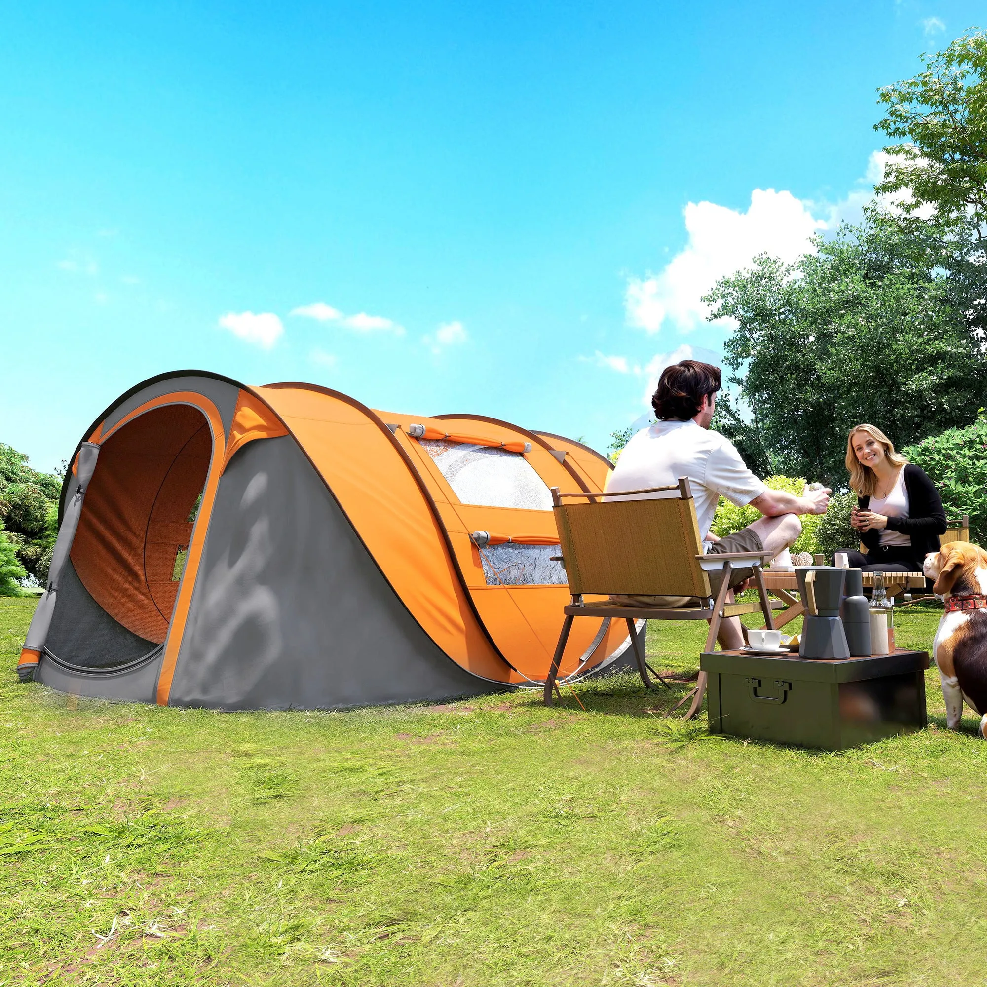 Outsunny 2-Person Pop-Up Camping Tent with 2 Doors, 4 Windows and Waterproof Tarp, 263.5x220x123 cm, Orange - Image 2