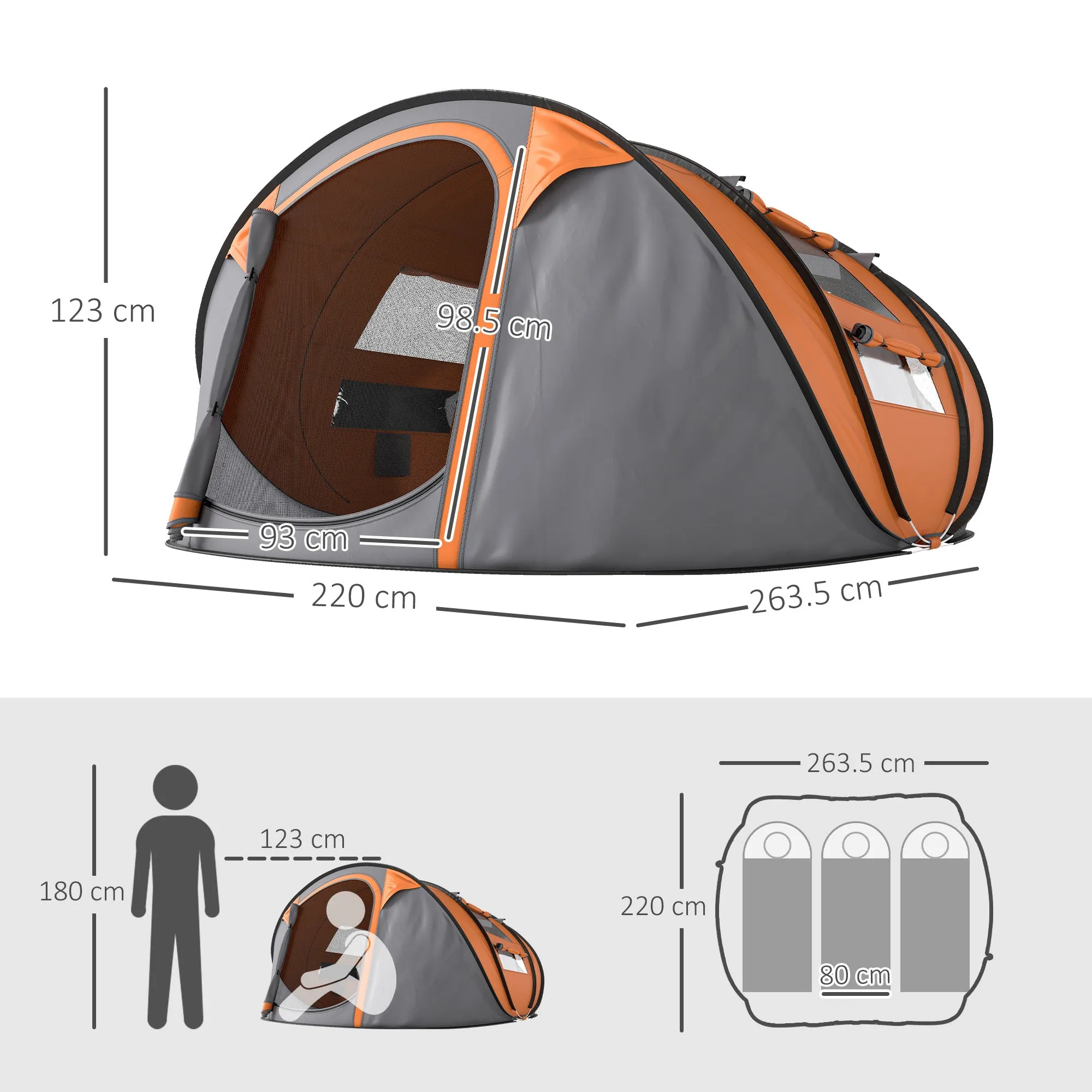 Outsunny 2-Person Pop-Up Camping Tent with 2 Doors, 4 Windows and Waterproof Tarp, 263.5x220x123 cm, Orange - Image 3
