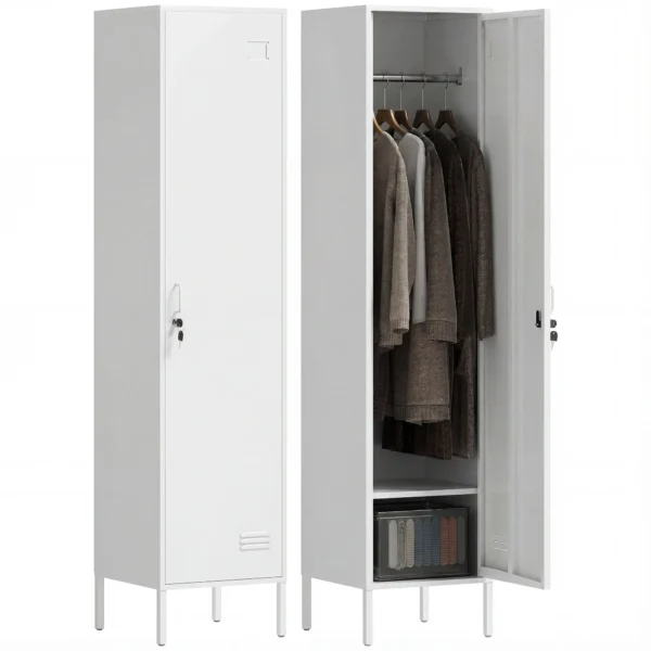 Metal Wardrobe with Lockable Door, Name Tag and Hanging Rail, 40x40x179 cm, White