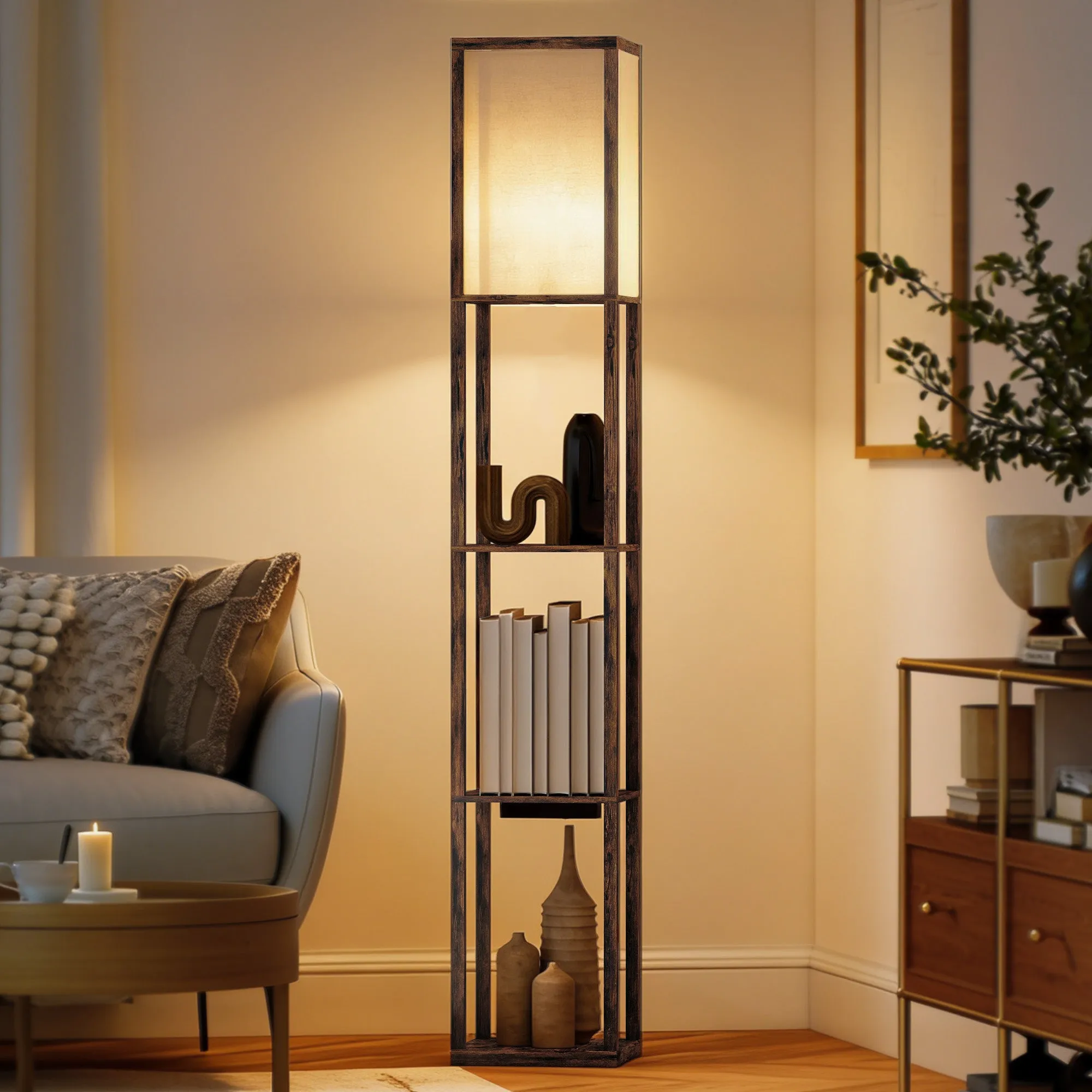 Floor Lamp with Shelves, Dimmable Light, Foot Switch and USB Ports, Brown - Image 2