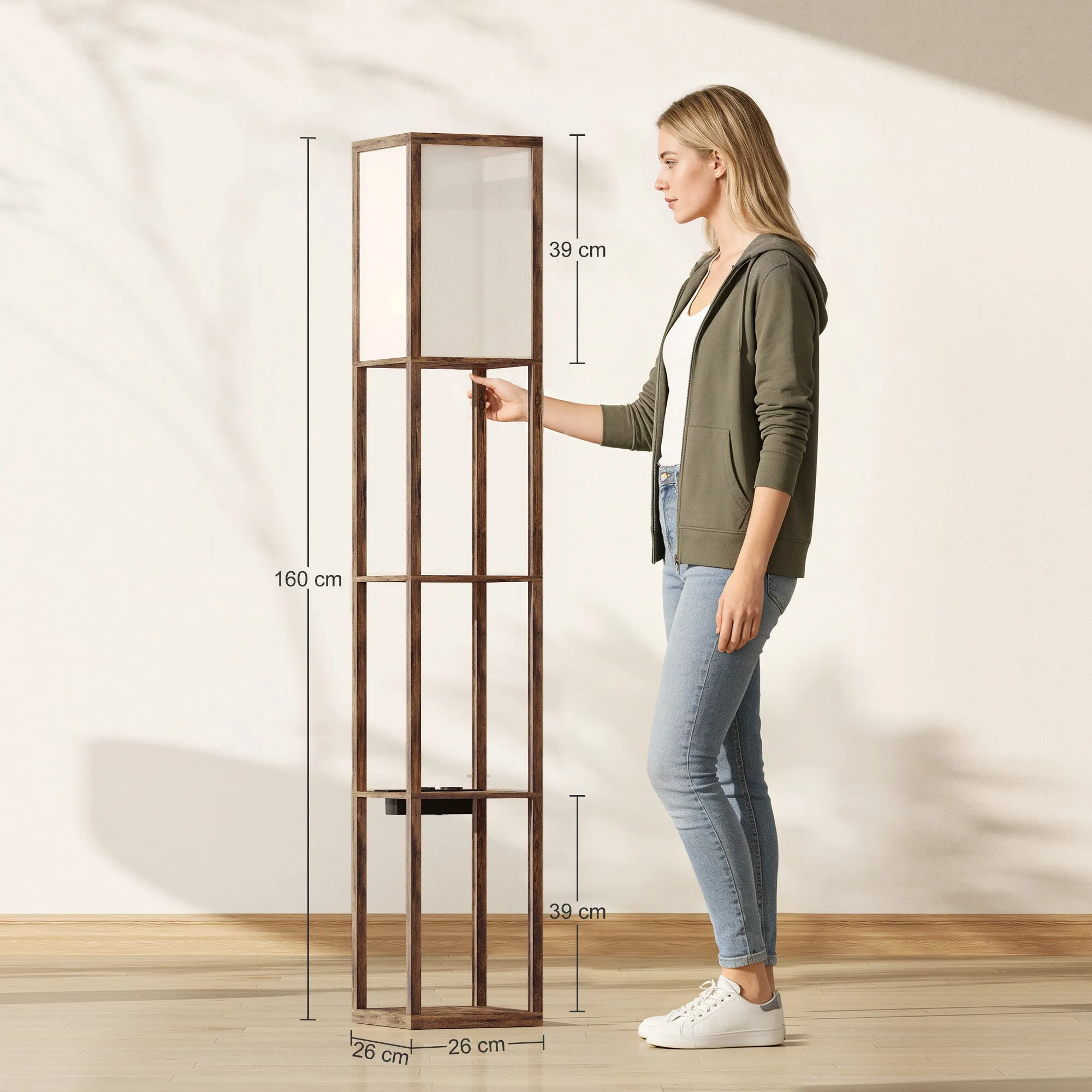 Floor Lamp with Shelves, Dimmable Light, Foot Switch and USB Ports, Brown - Image 3