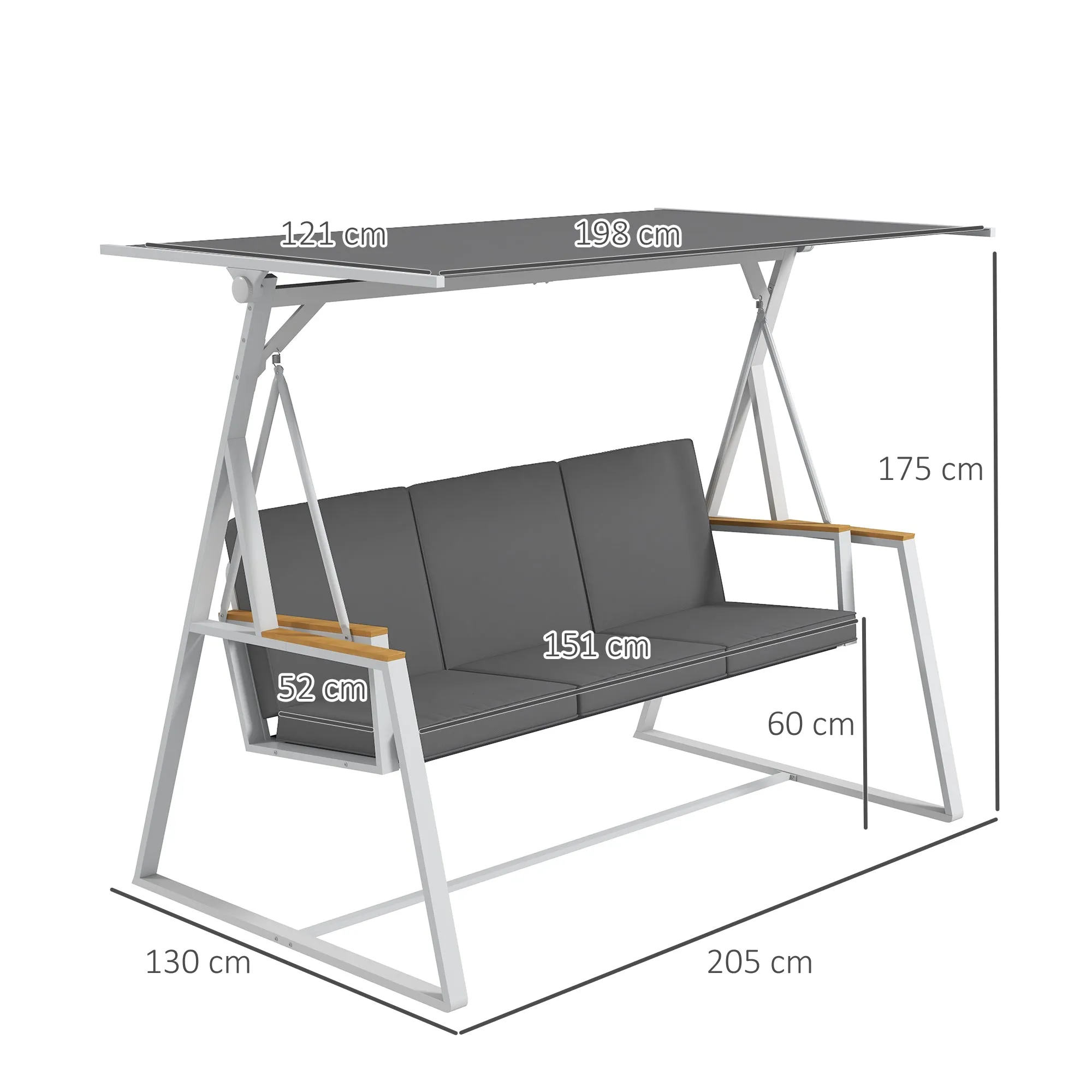 Outsunny 3-Seater Garden Swing with Tilting Canopy, Steel, 205x130x175 cm, Dark Grey - Image 3