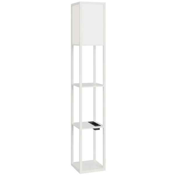Floor Lamp with Shelves, Dimmable Light, Foot Switch and USB Ports, White