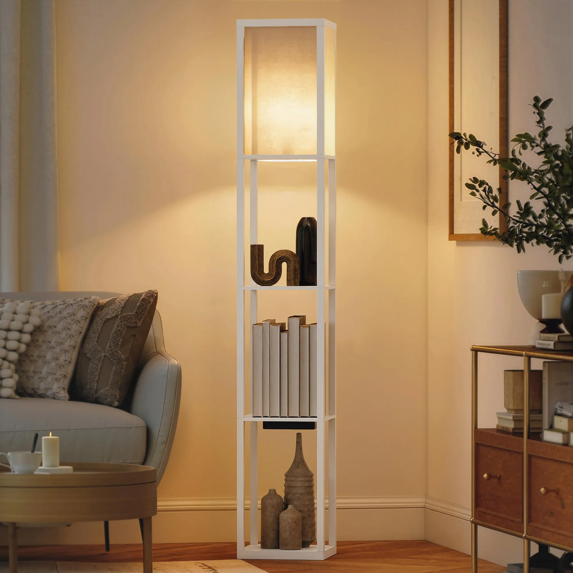 Floor Lamp with Shelves, Dimmable Light, Foot Switch and USB Ports, White - Image 2