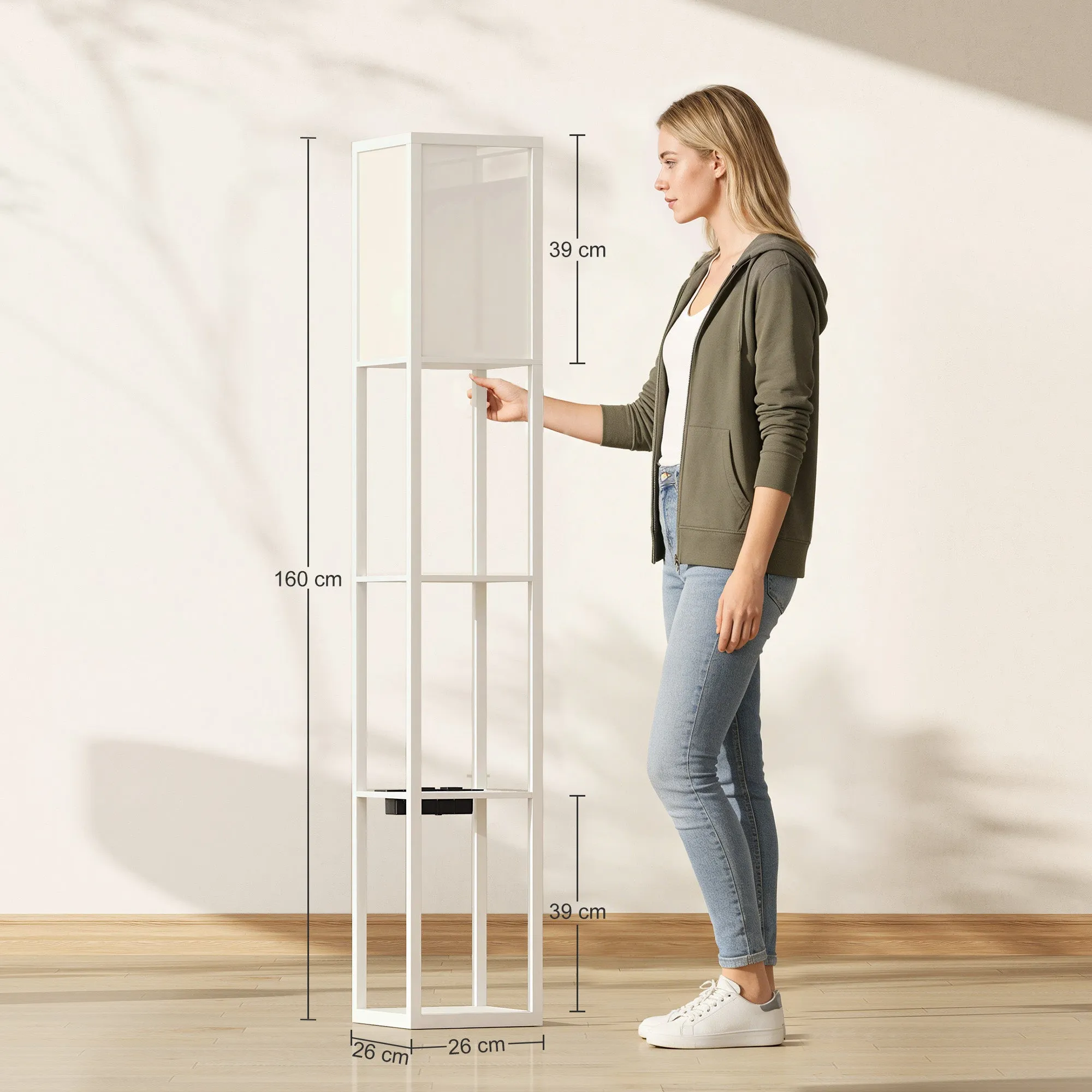 Floor Lamp with Shelves, Dimmable Light, Foot Switch and USB Ports, White - Image 3