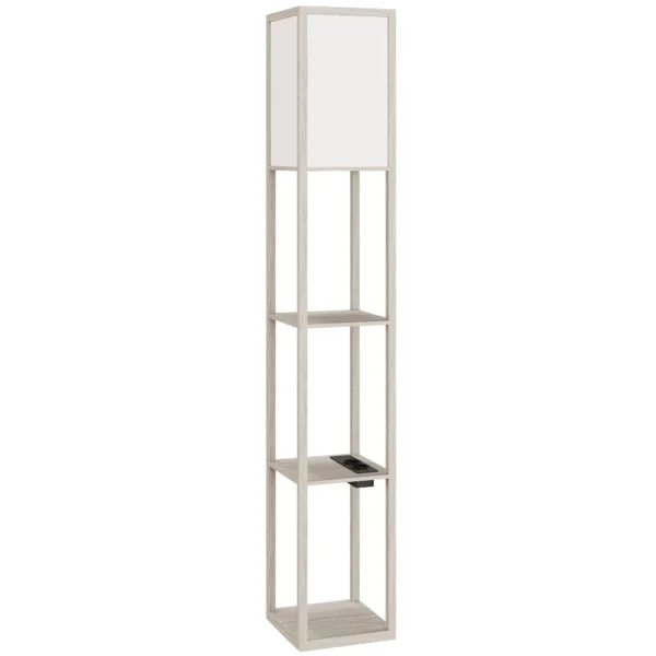 HOMCOM Floor Lamp with Shelves, Dimmable Light, Foot Switch and USB Ports, White and Oak