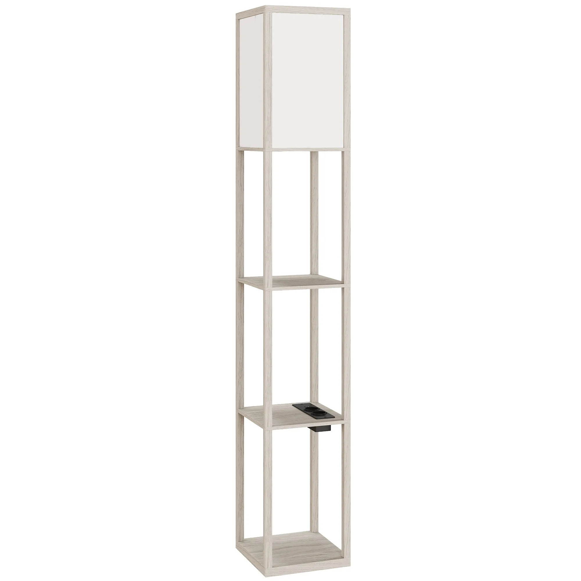 HOMCOM Floor Lamp with Shelves, Dimmable Light, Foot Switch and USB Ports, White and Oak