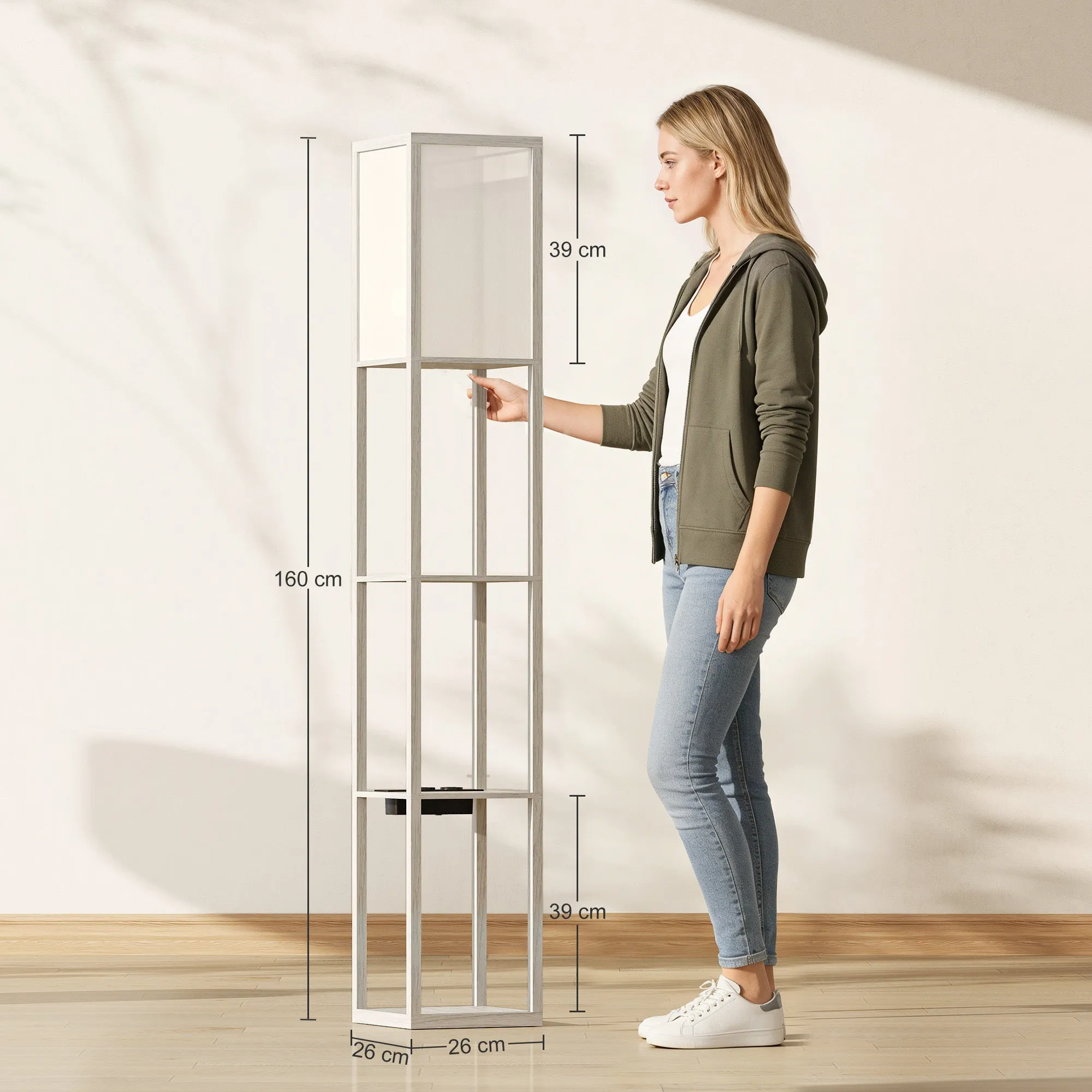 HOMCOM Floor Lamp with Shelves, Dimmable Light, Foot Switch and USB Ports, White and Oak - Image 3