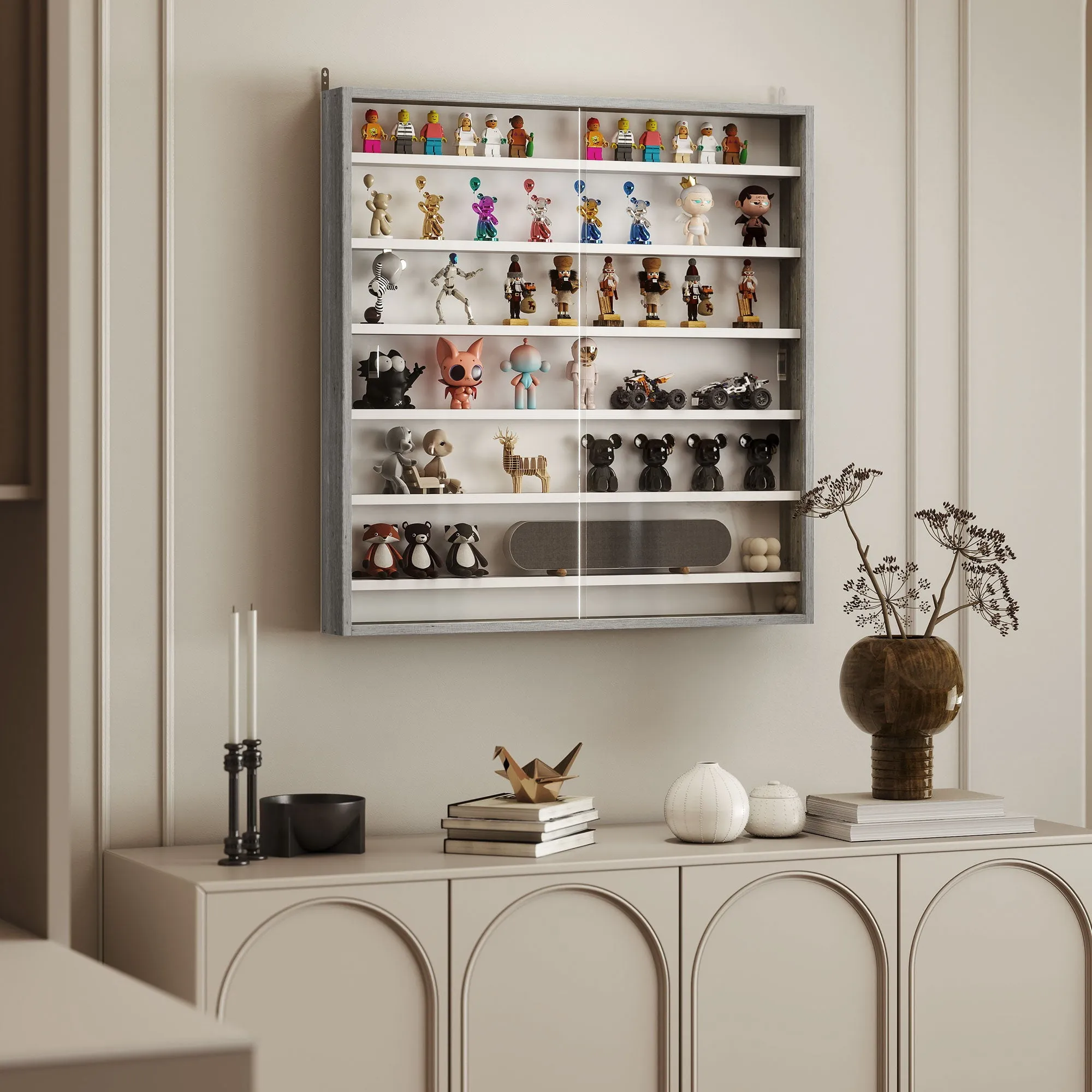 HOMCOM 5-Tier Adjustable Wooden Notice Board with Glass Doors, 80 x 9.5 x 83 cm, White and Grey - Image 2