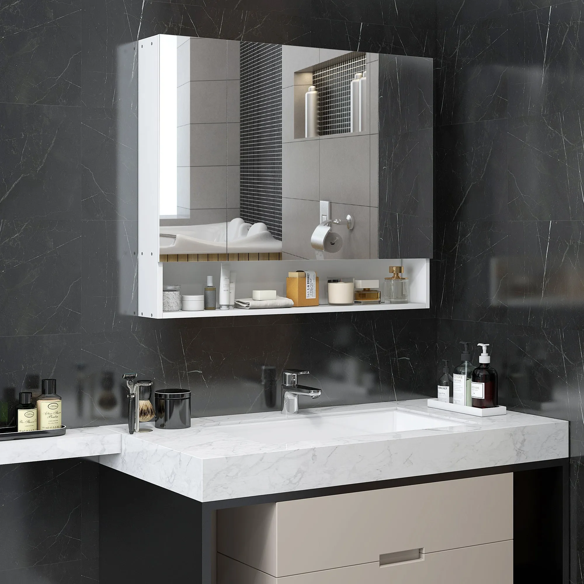kleankin Bathroom Mirror Cabinet with 3 Soft-Close Doors and Adjustable Shelves, 90x15x75 cm, White - Image 2