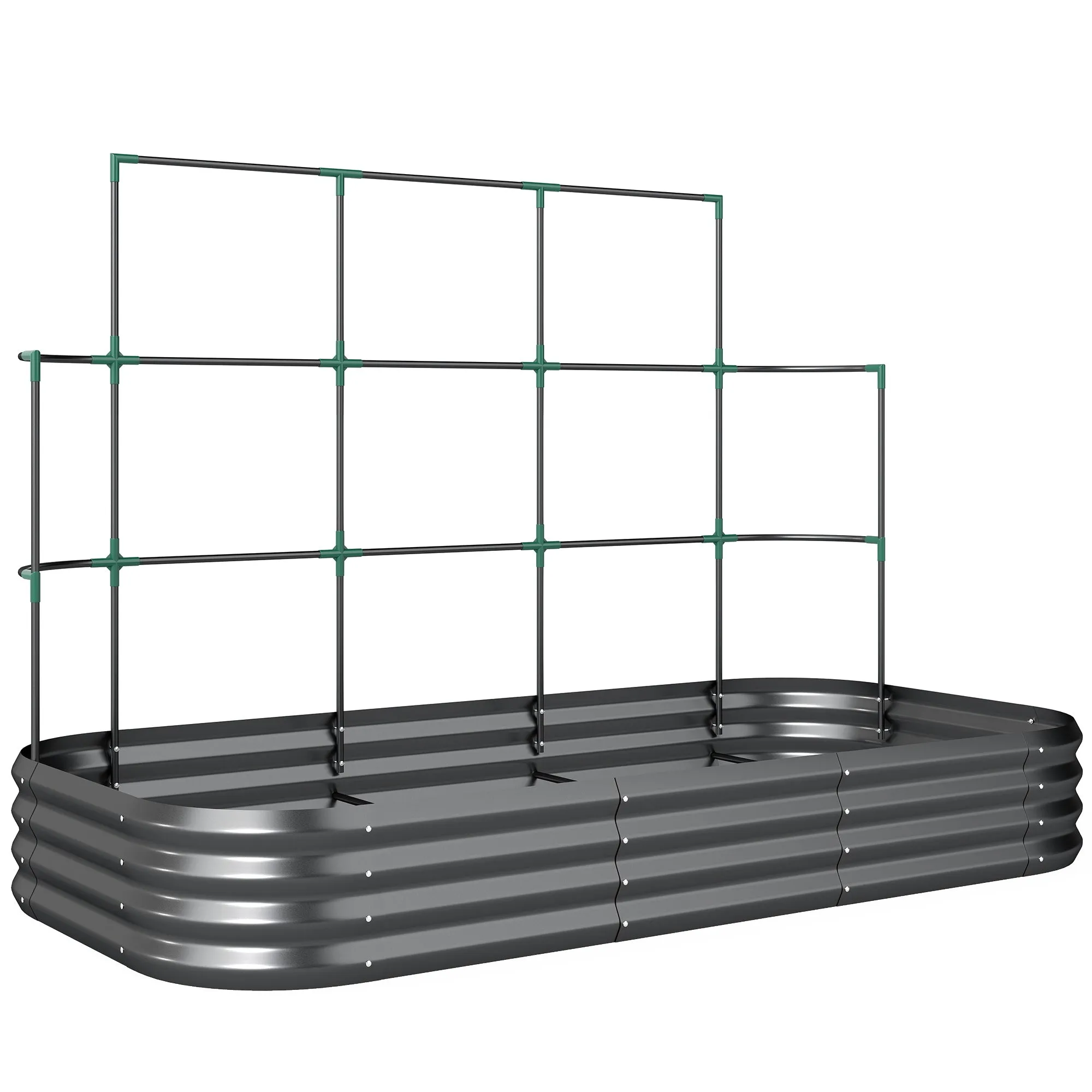 Outsunny Raised Vegetable Garden with Trellis for Climbing Plants and Open Metal Bottom, 220x110x150 cm, Dark Grey