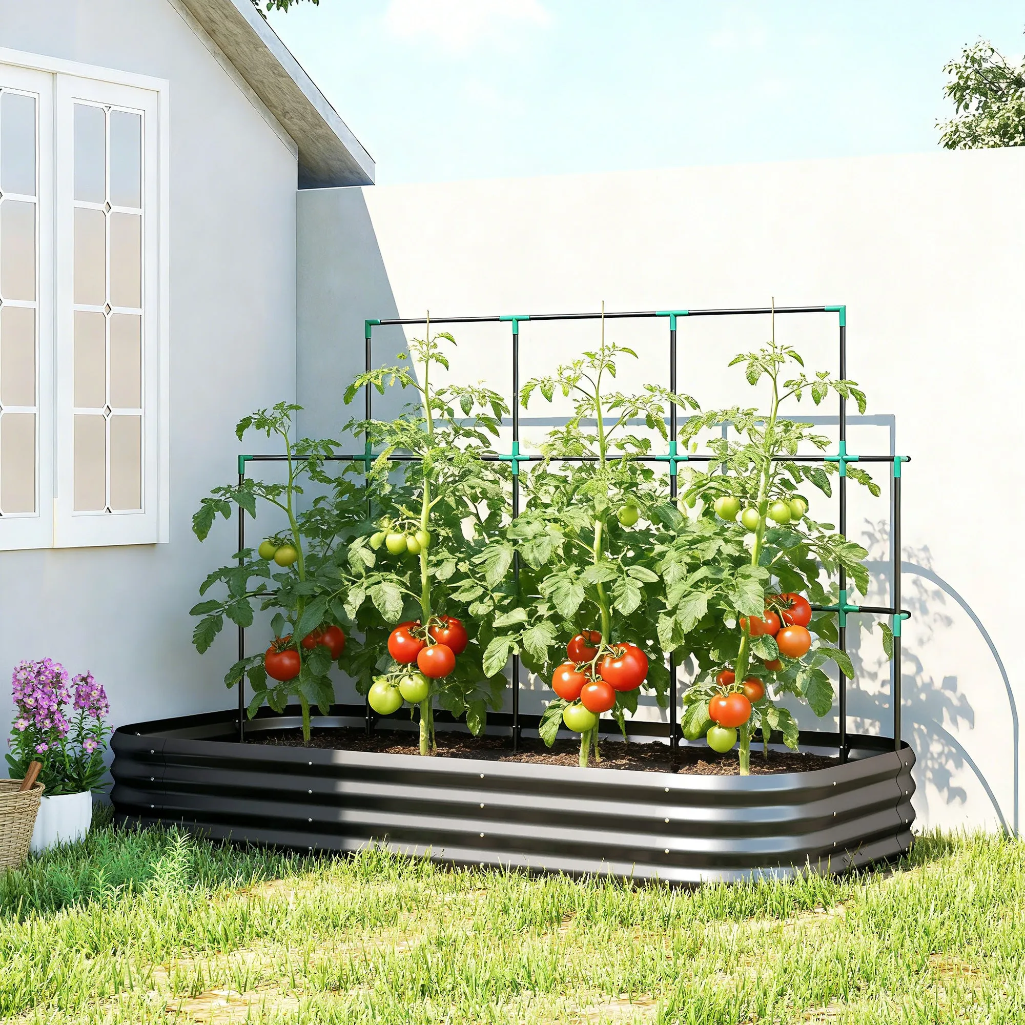 Outsunny Raised Vegetable Garden with Trellis for Climbing Plants and Open Metal Bottom, 220x110x150 cm, Dark Grey - Image 2