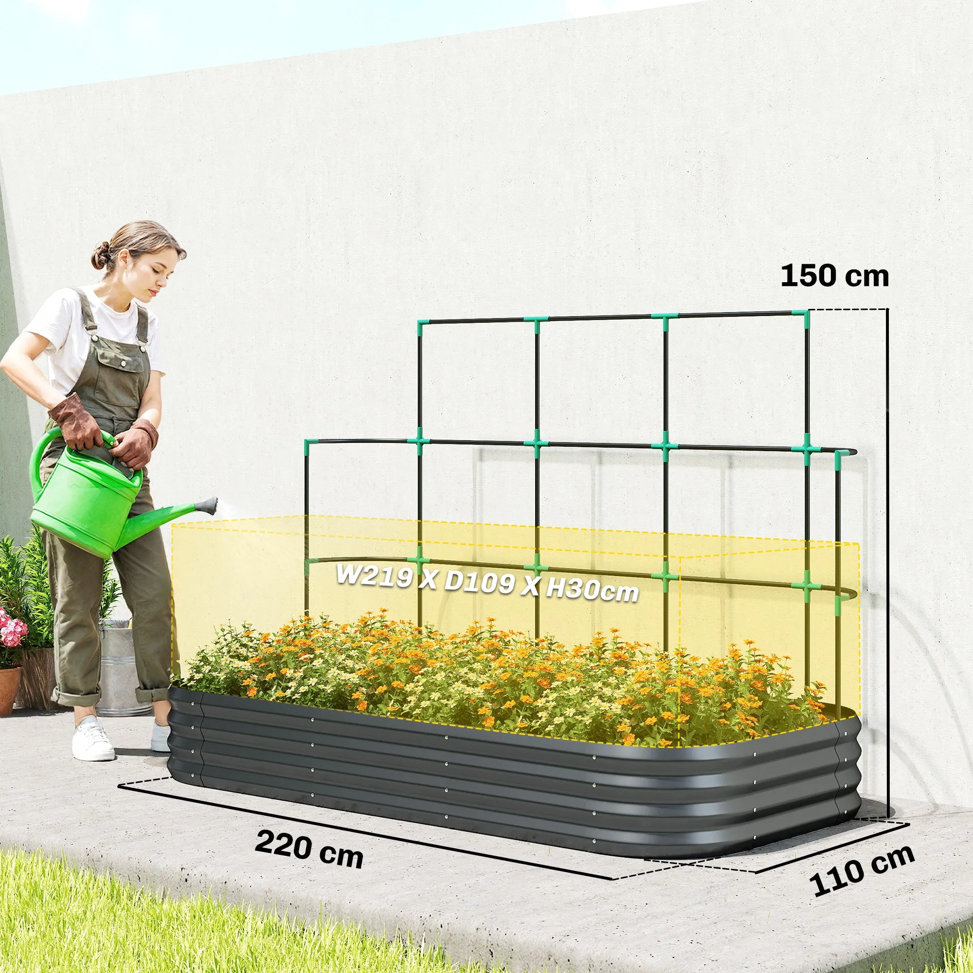 Outsunny Raised Vegetable Garden with Trellis for Climbing Plants and Open Metal Bottom, 220x110x150 cm, Dark Grey - Image 3